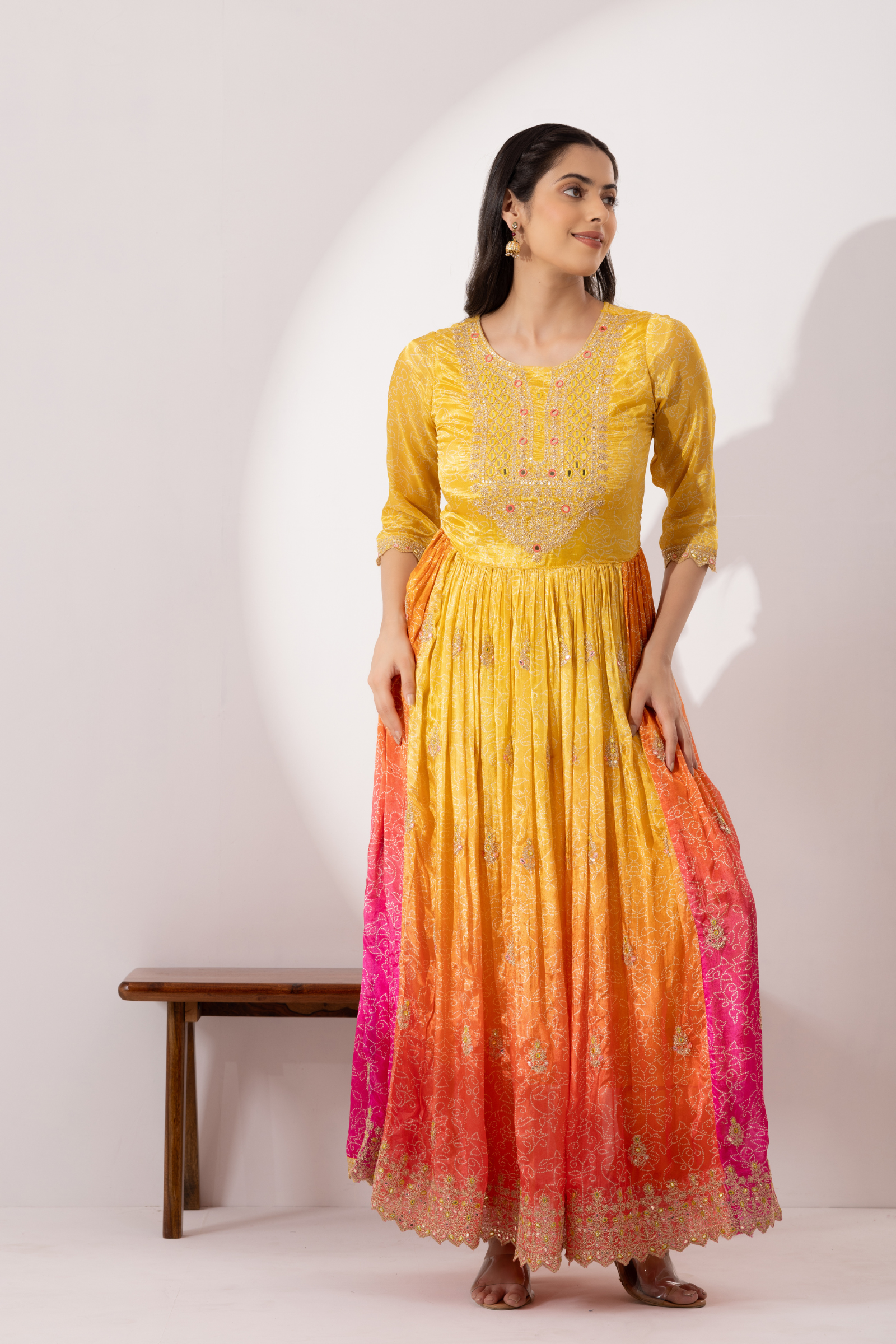Yellow & Pink Ombre Crepe Printed & Hand Embroidered Anarkali Set