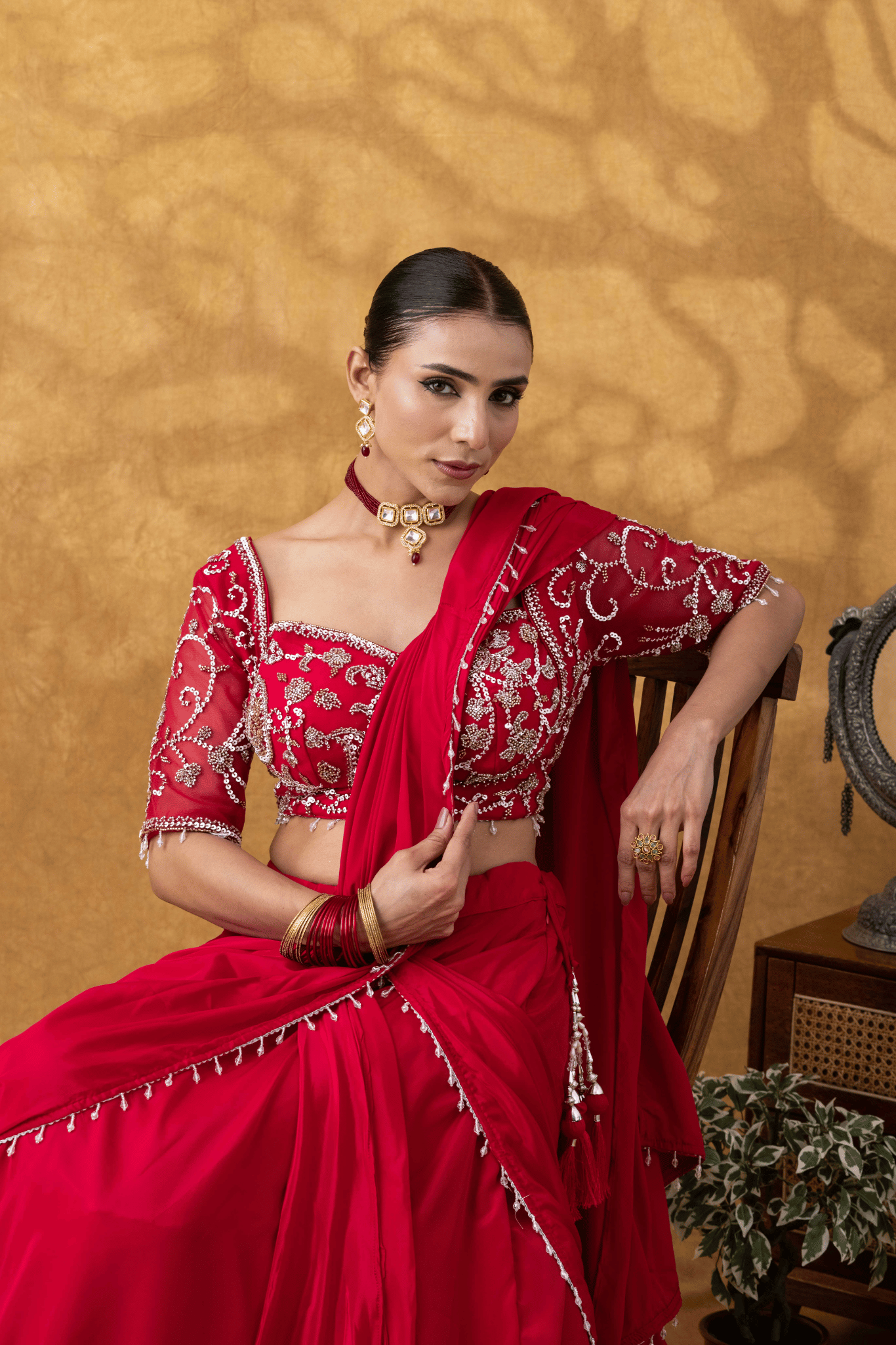 Magenta Pink Moti Work Pre-Drape Saree