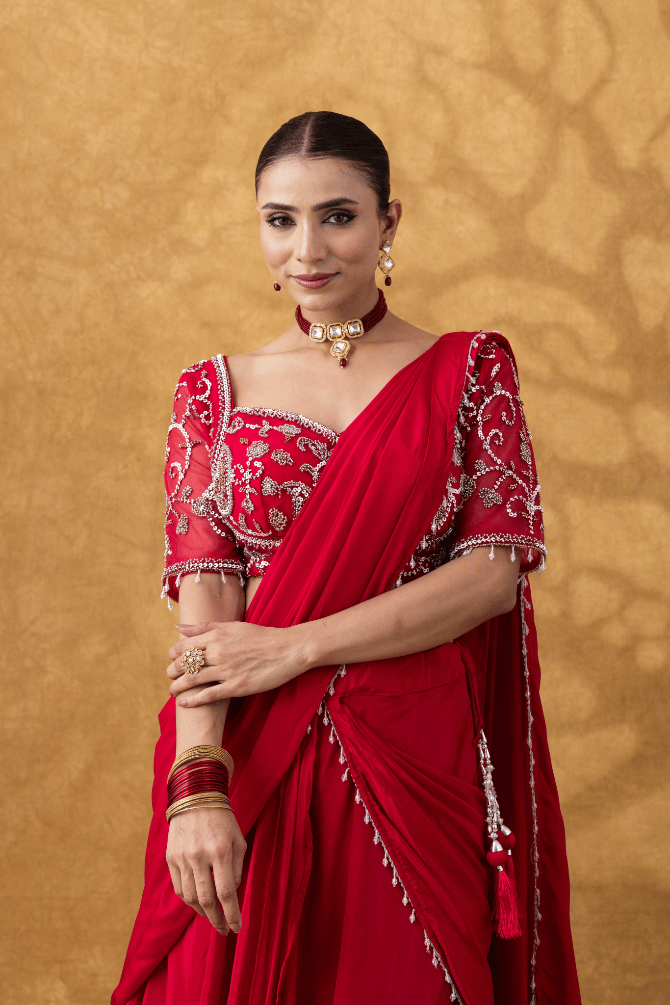 Magenta Pink Moti Work Pre-Drape Saree