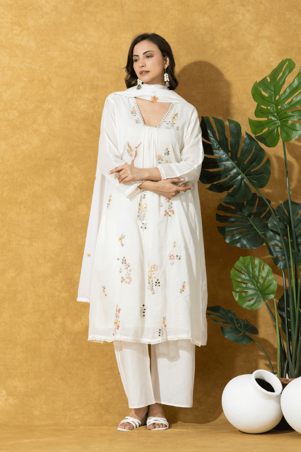 Ivory Floral Embroidered Kurta Set