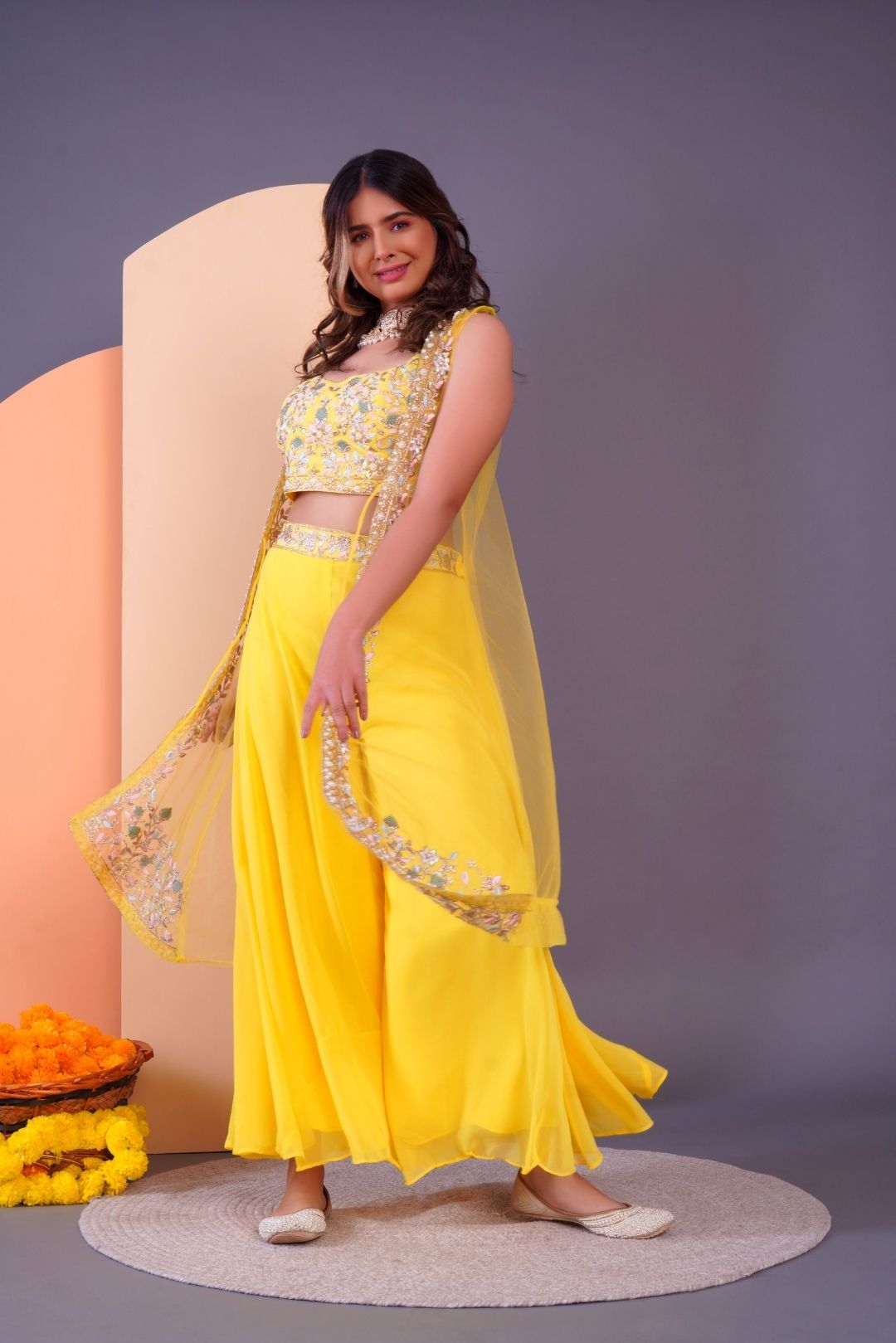 Yellow Embroidered Crop Top & Sharara Set