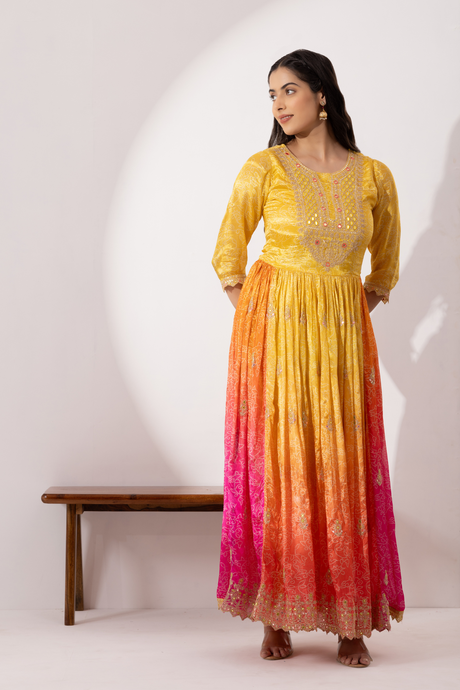 Yellow & Pink Ombre Crepe Printed & Hand Embroidered Anarkali Set