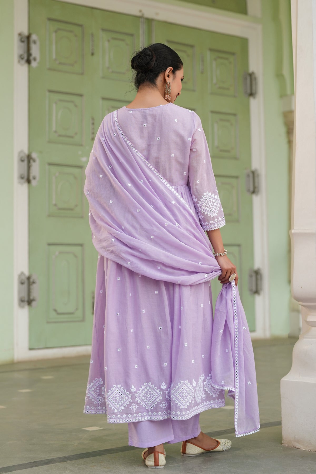 Lavender Mulmul Mirror Embroidered Angrakha Suit Set