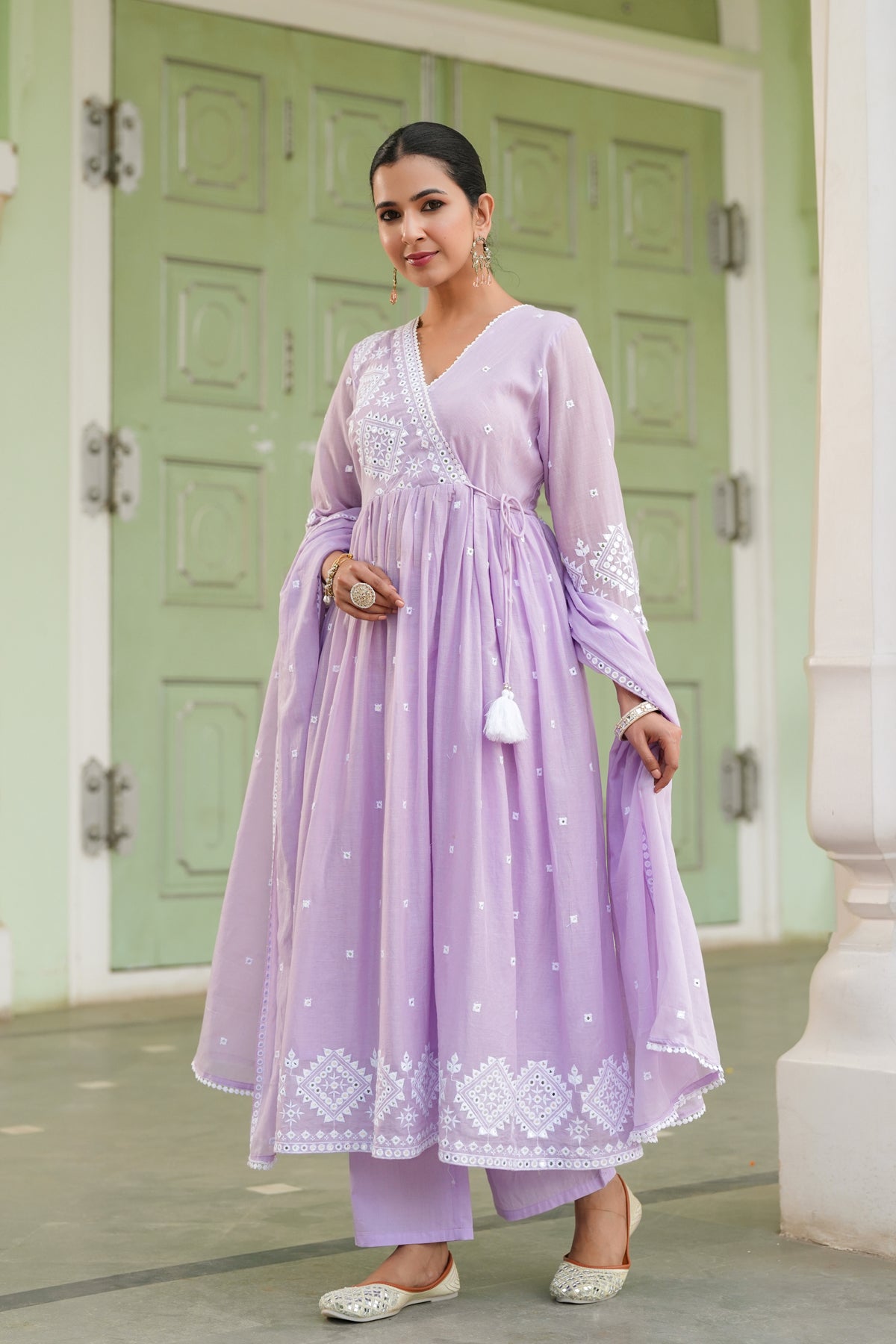 Lavender Mulmul Mirror Embroidered Angrakha Suit Set