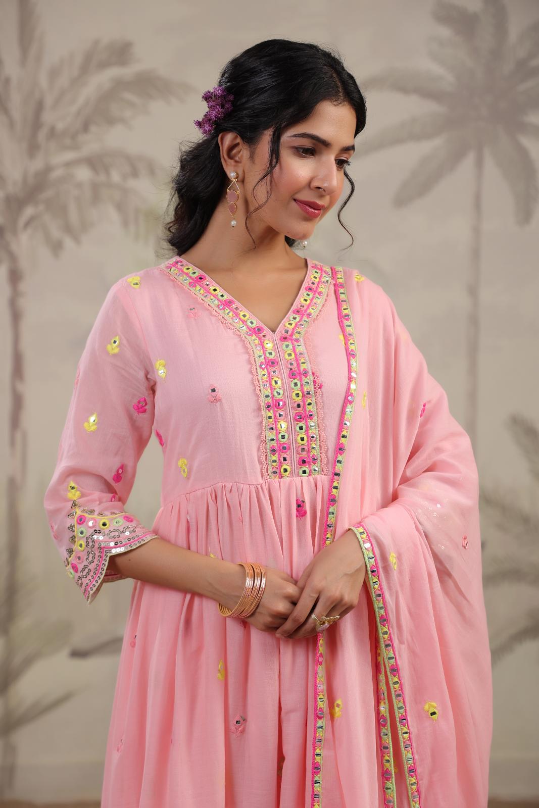 Pink Mulmul Multicoloured Mirror And Sequin Embroidered Anarkali Suit Set