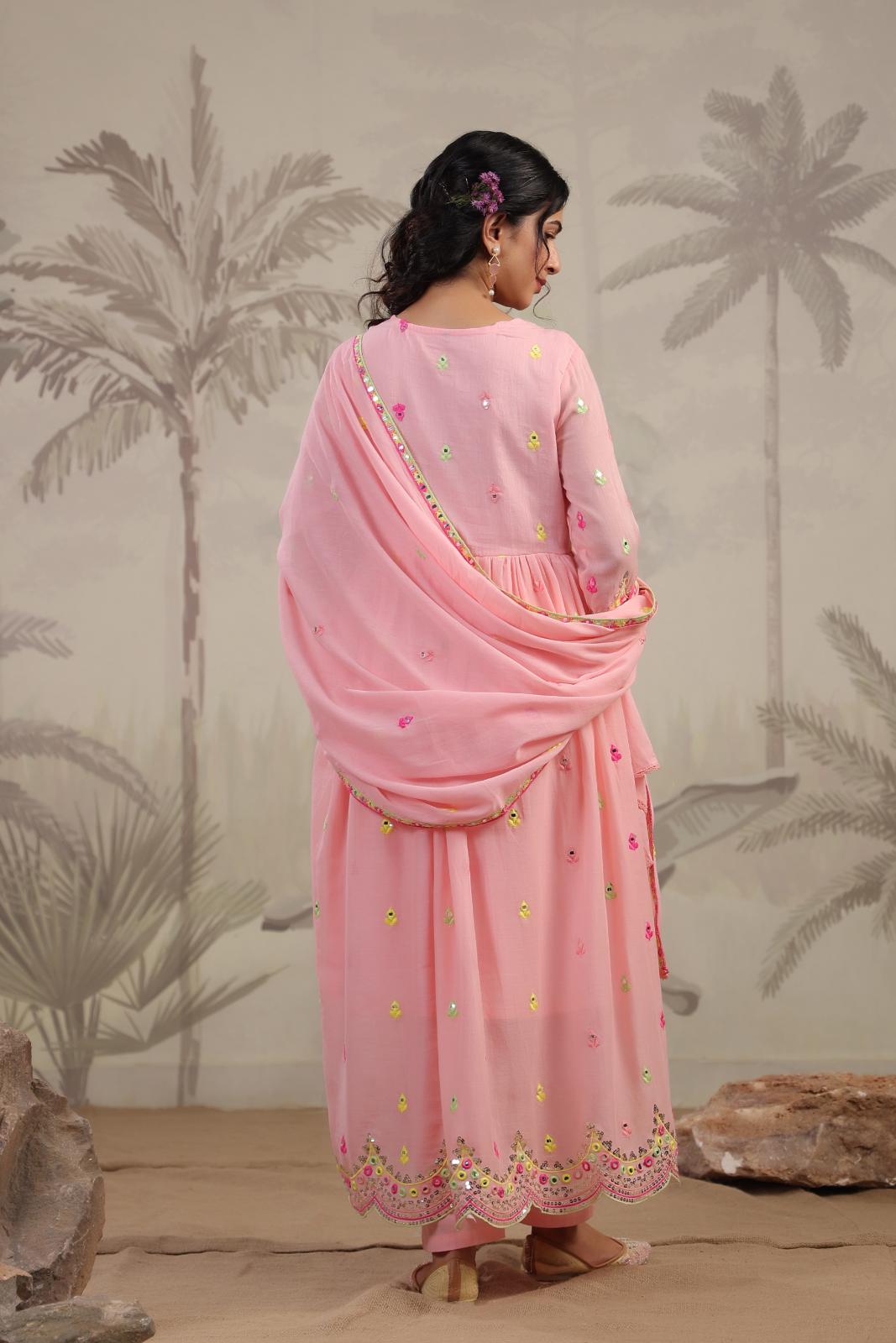 Pink Mulmul Multicoloured Mirror And Sequin Embroidered Anarkali Suit Set