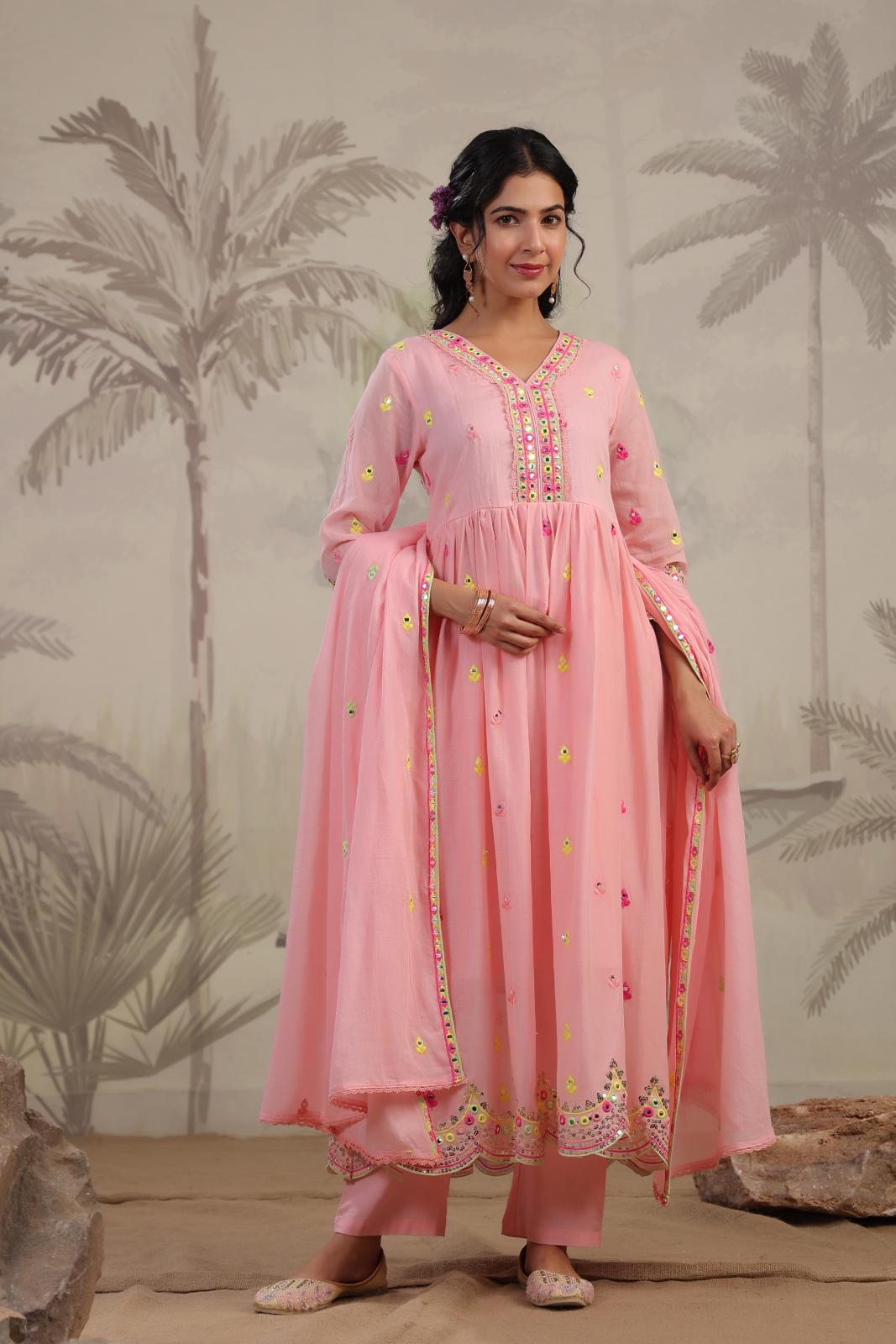 Pink Mulmul Multicoloured Mirror And Sequin Embroidered Anarkali Suit Set