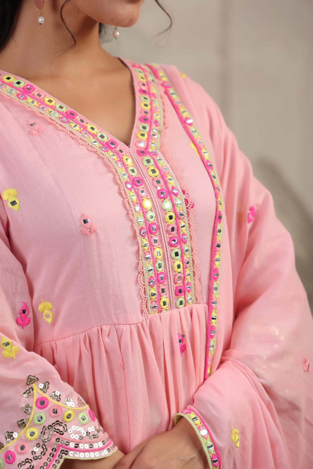 Pink Mulmul Multicoloured Mirror And Sequin Embroidered Anarkali Suit Set