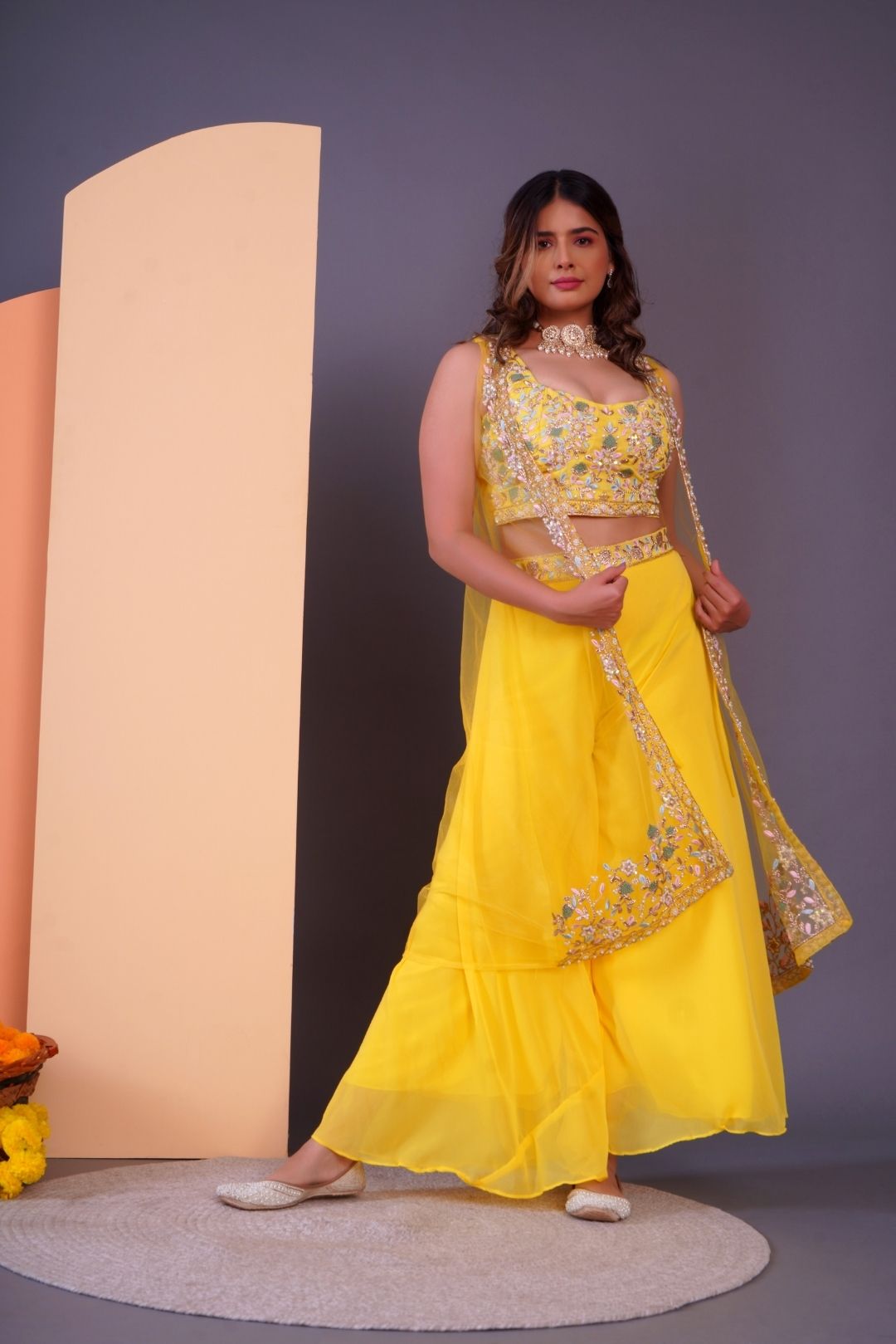 Yellow Embroidered Crop Top & Sharara Set