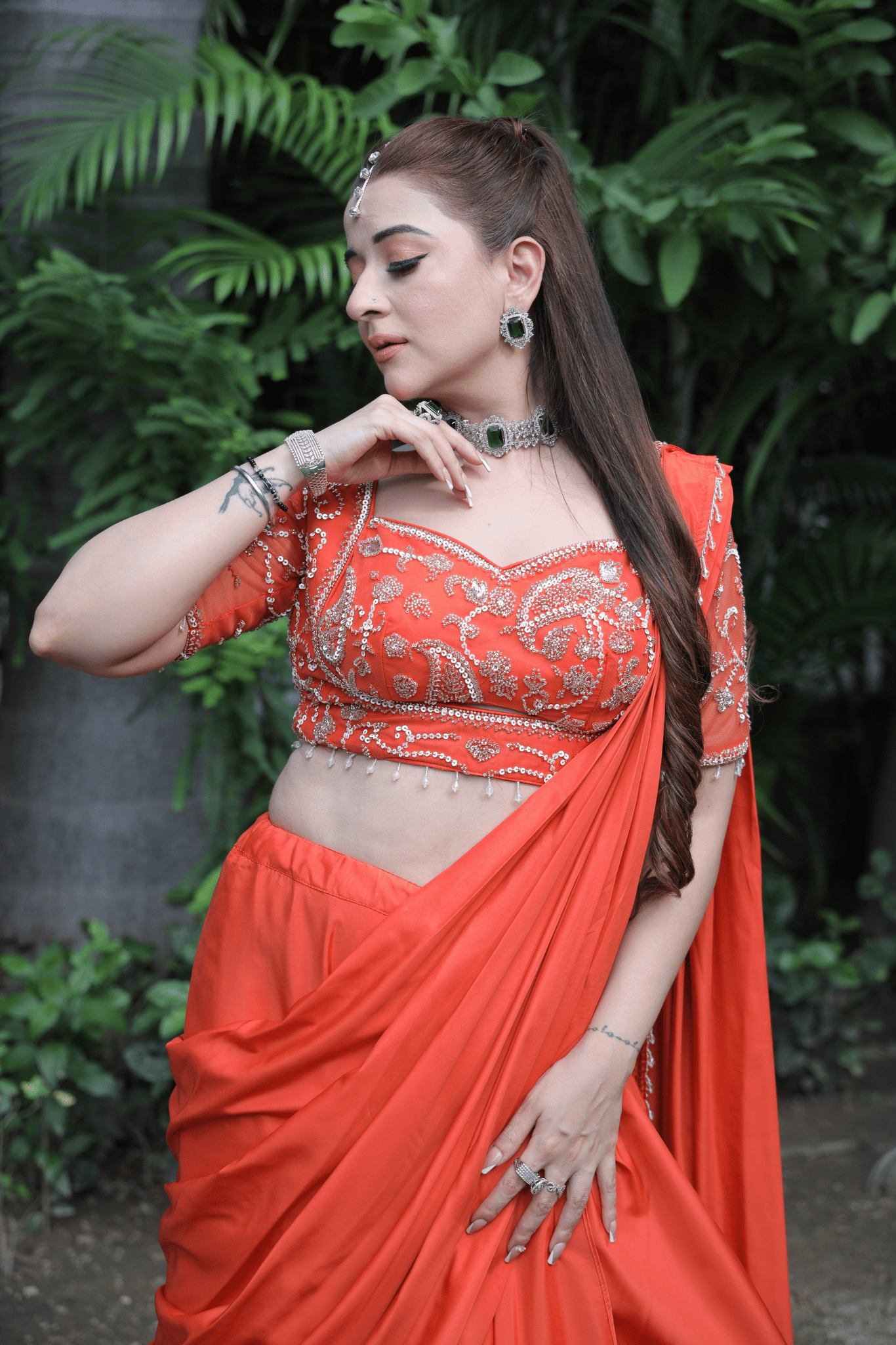 Orange Moti Work Pre-Drape Saree
