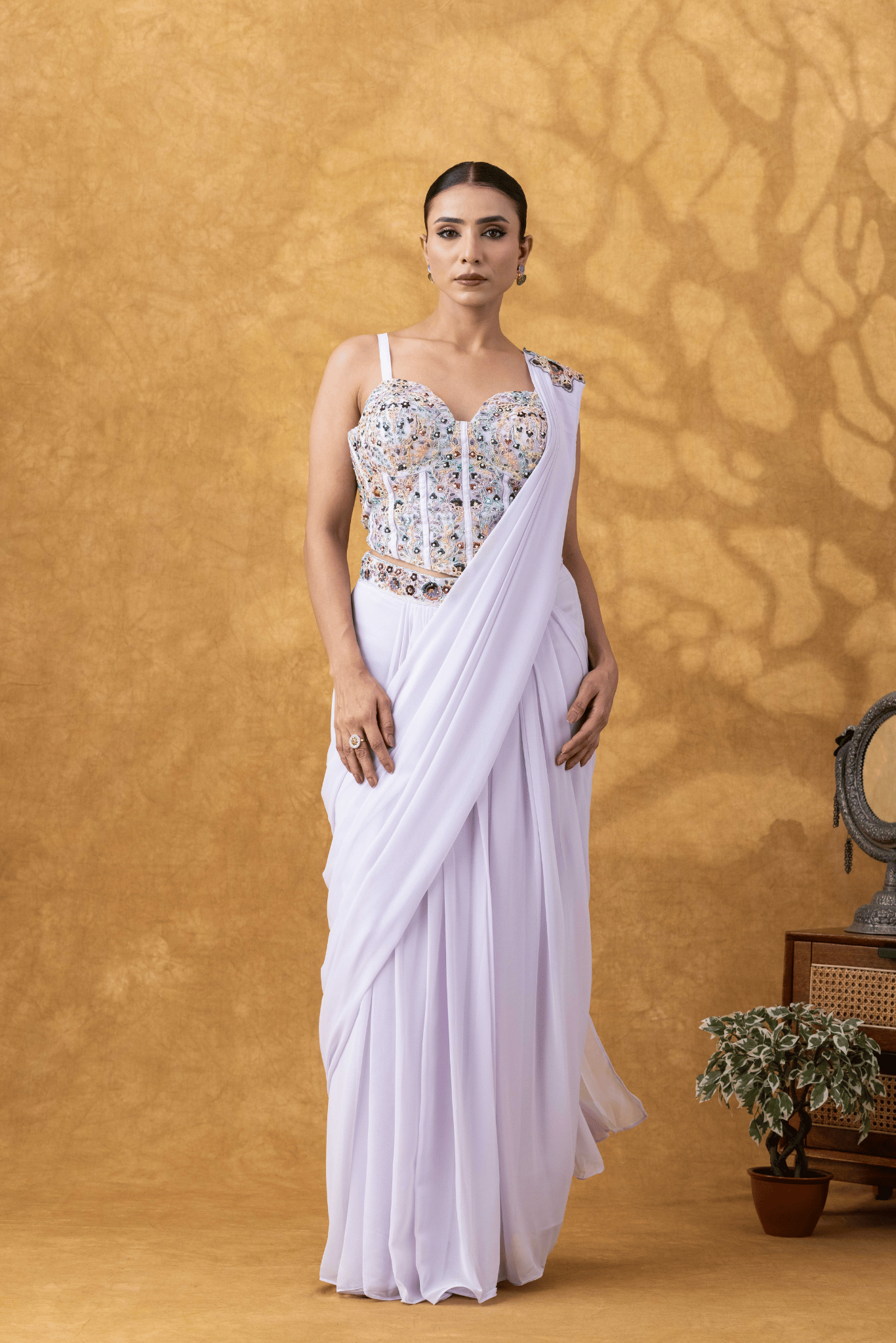 Lilac Embellished Corset Drape Saree