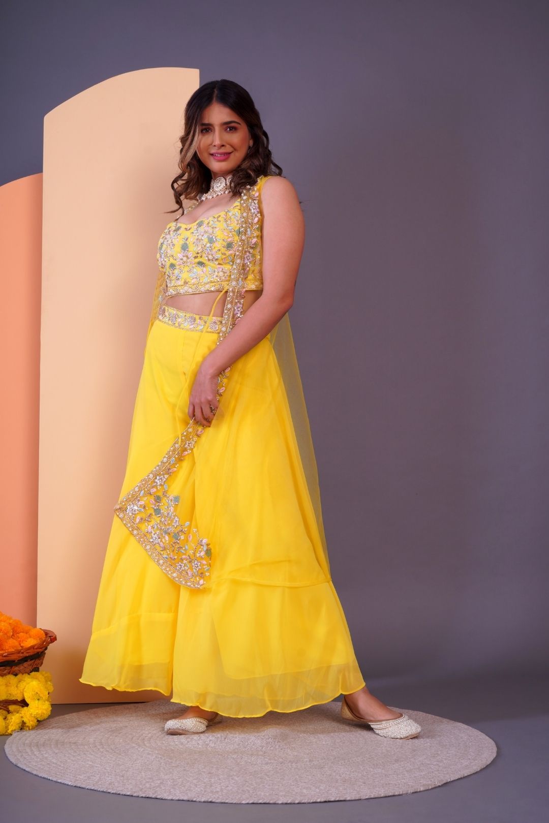 Yellow Embroidered Crop Top & Sharara Set