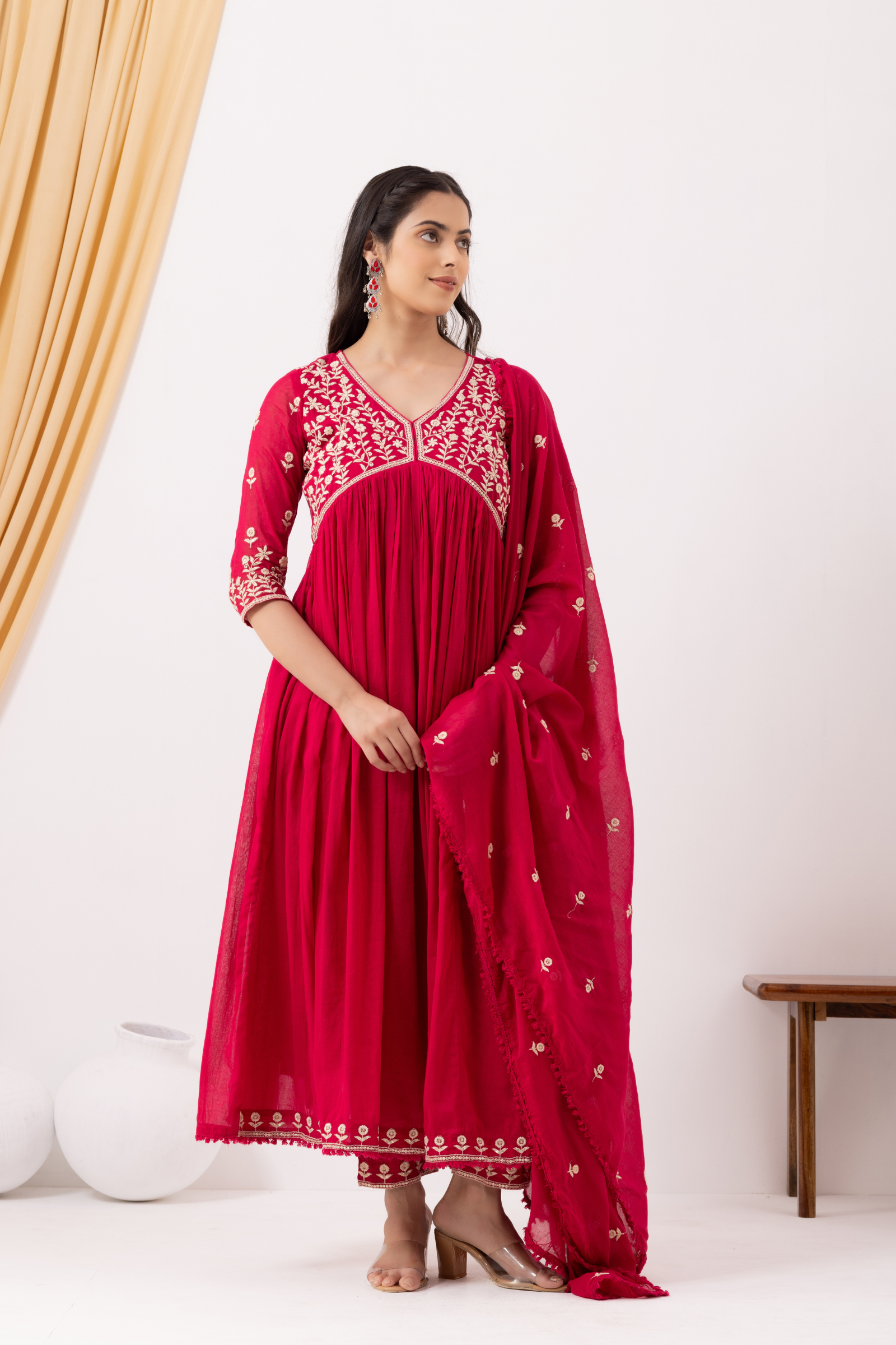 Mulmul Cotton Pink Anarkali Kurta with Pant & Dupatta