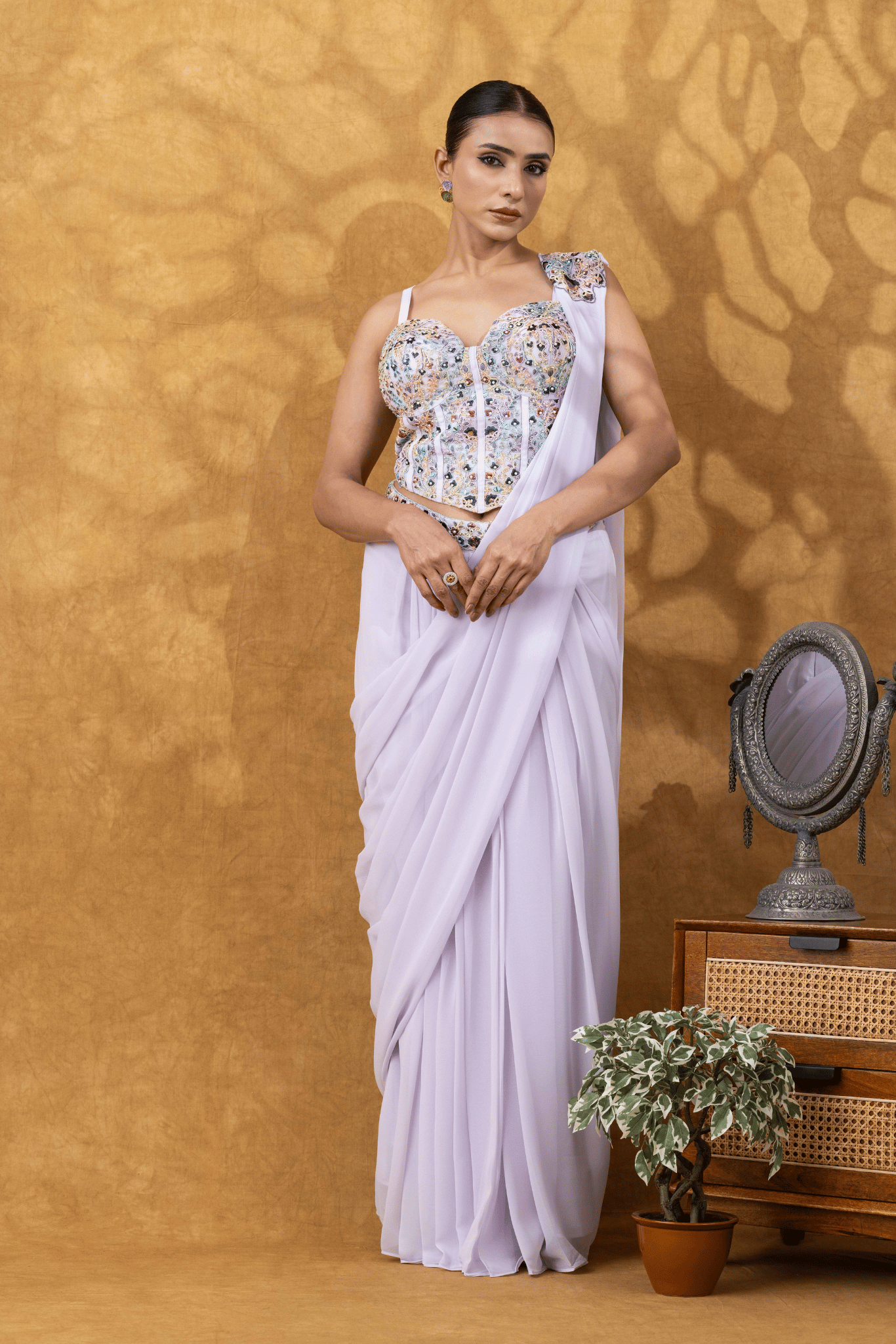 Lilac Embellished Corset Drape Saree