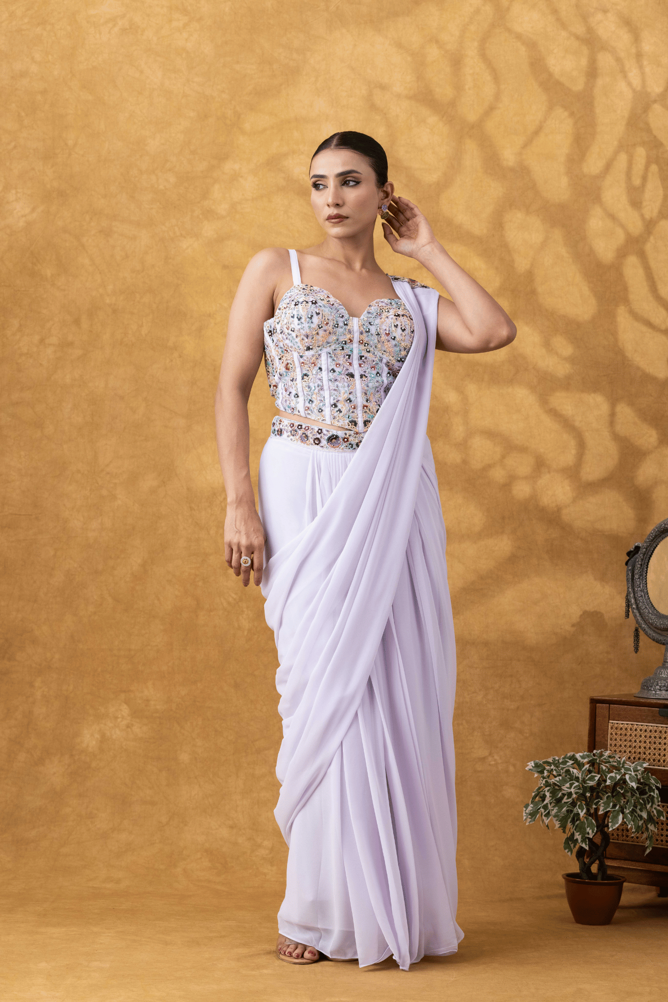 Lilac Embellished Corset Drape Saree