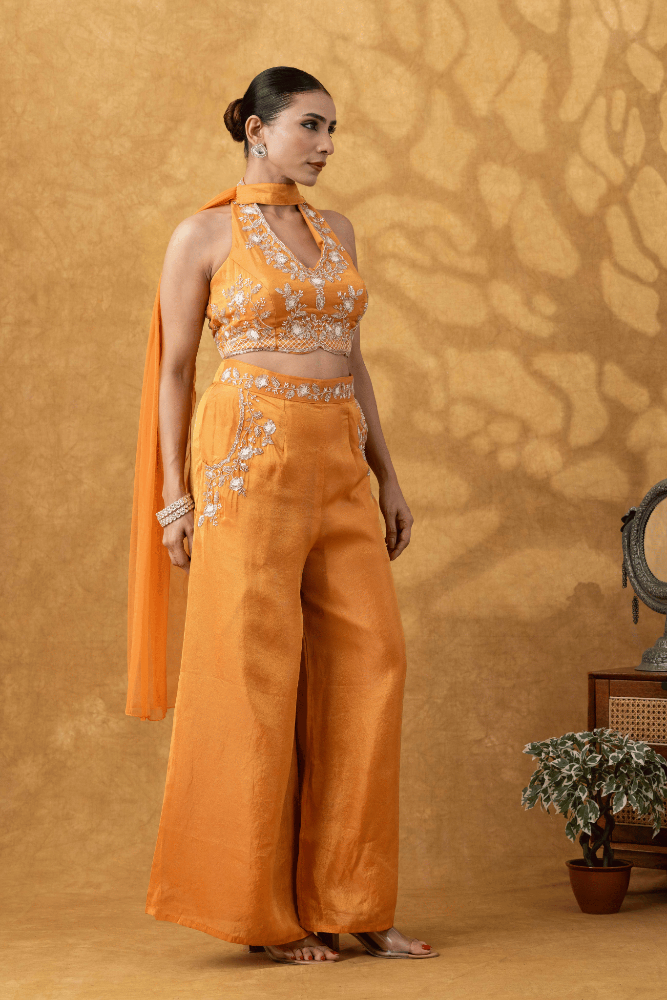 Orange Halter Embroidered Sharara Set