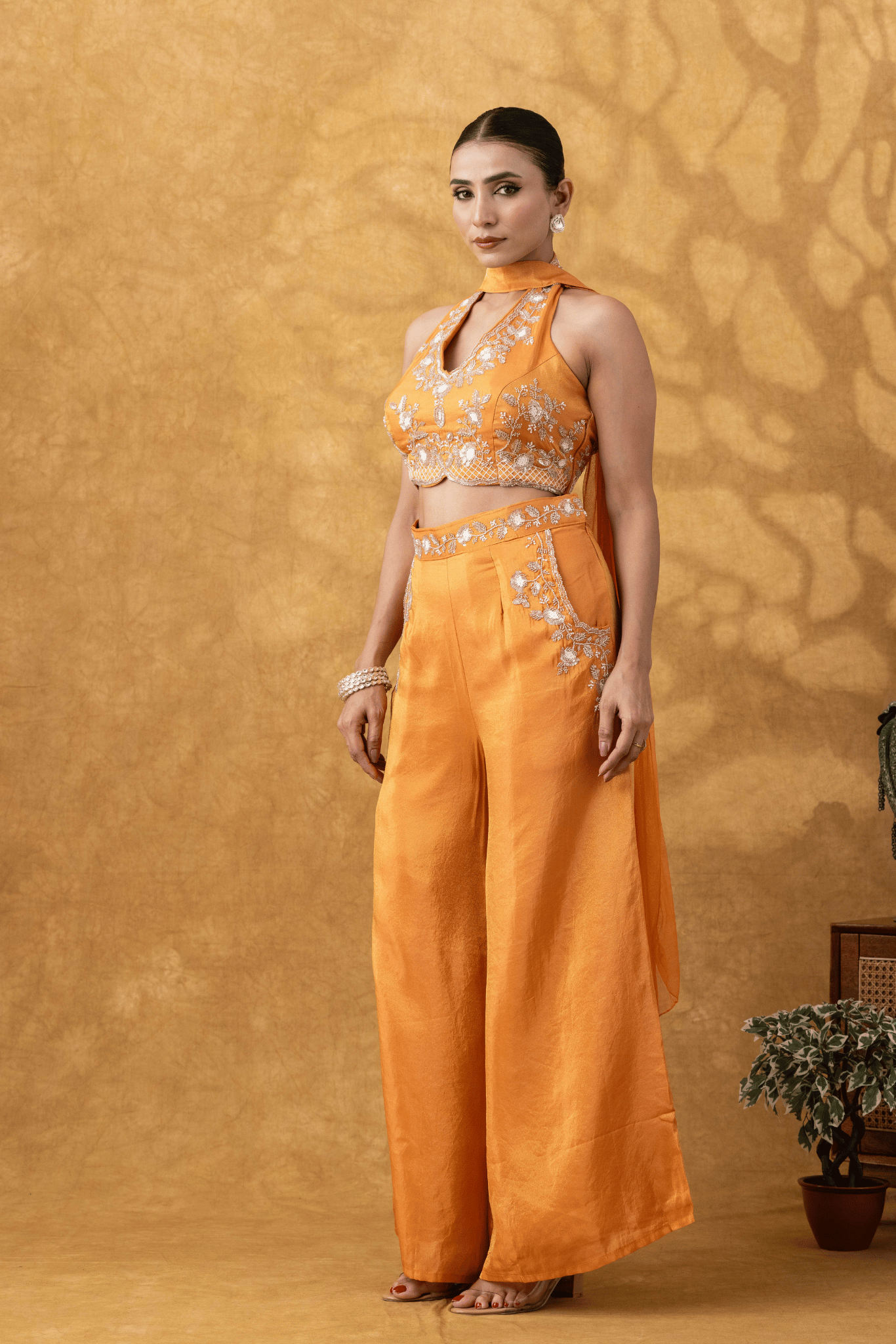 Orange Halter Embroidered Sharara Set