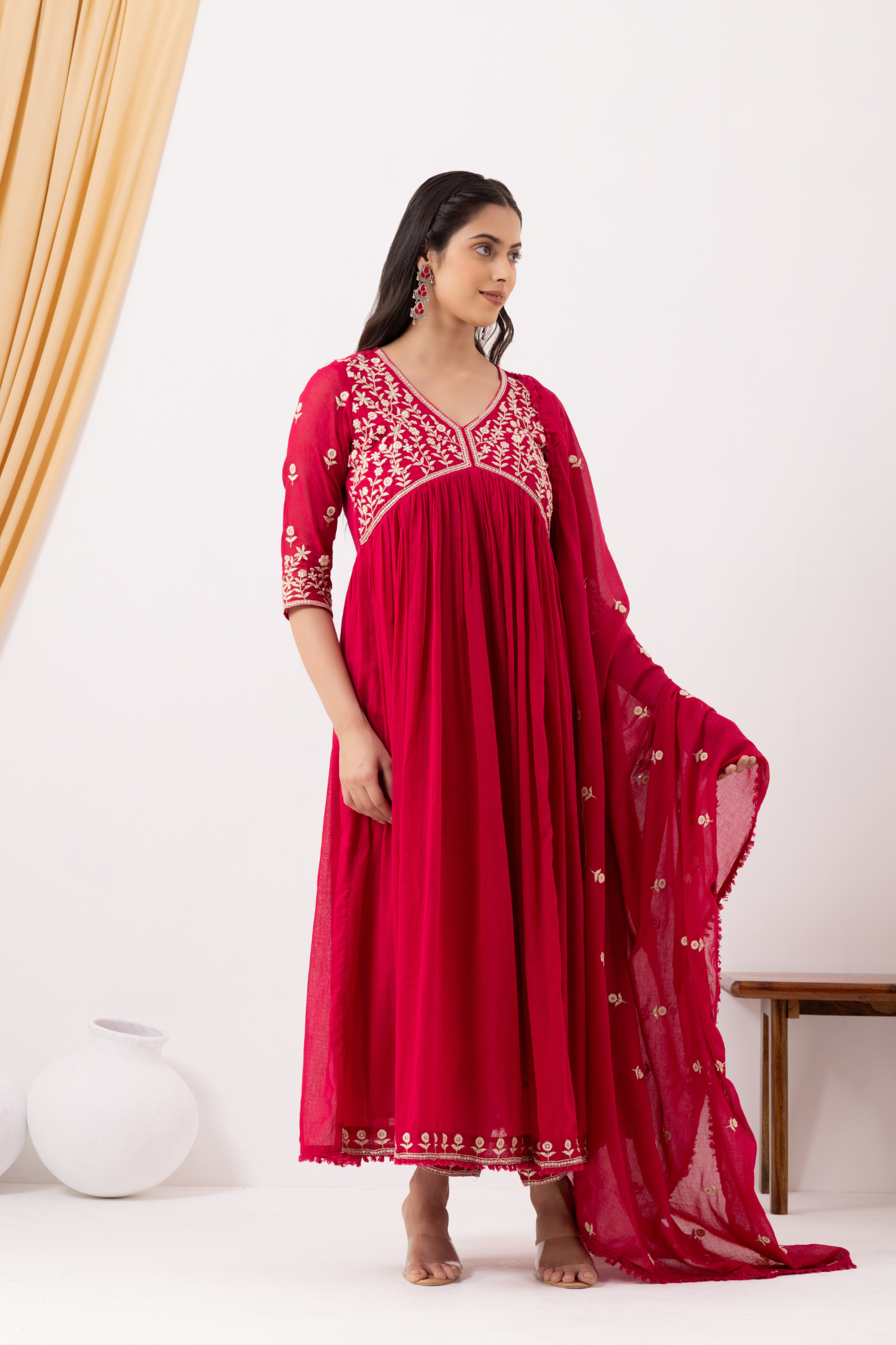 Mulmul Cotton Pink Anarkali Kurta with Pant & Dupatta