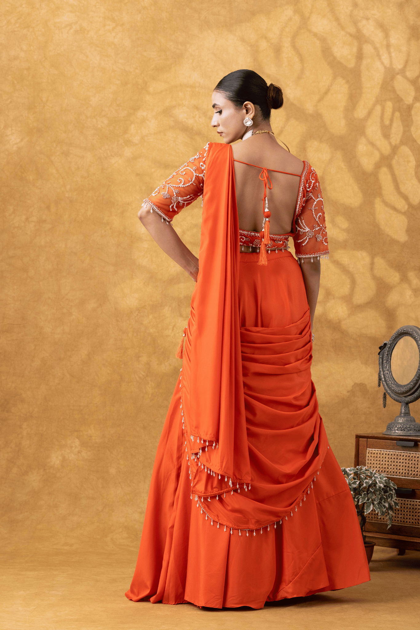 Orange Moti Work Pre-Drape Saree