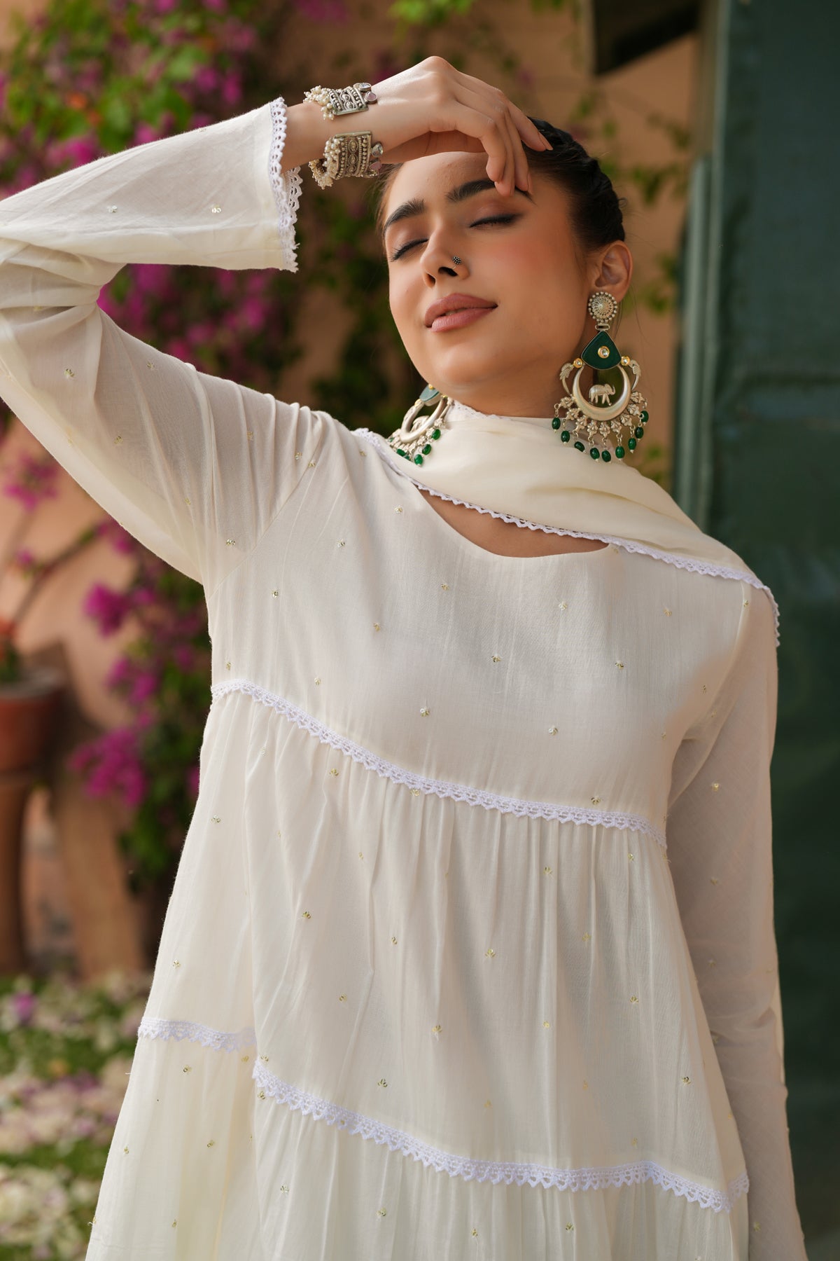 Mulmul Cream Tired Anarkali