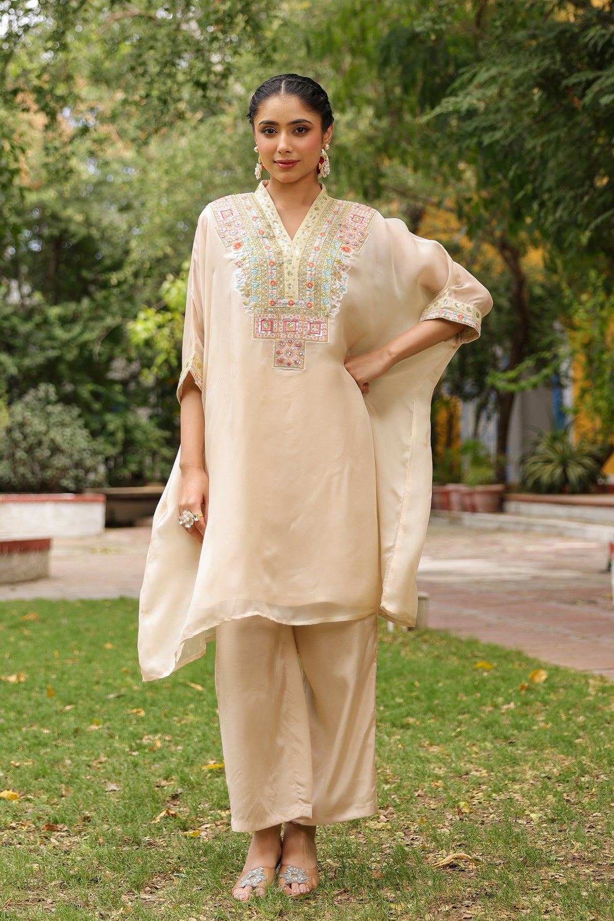 Beige Embroidered Kaftan & Palazzo