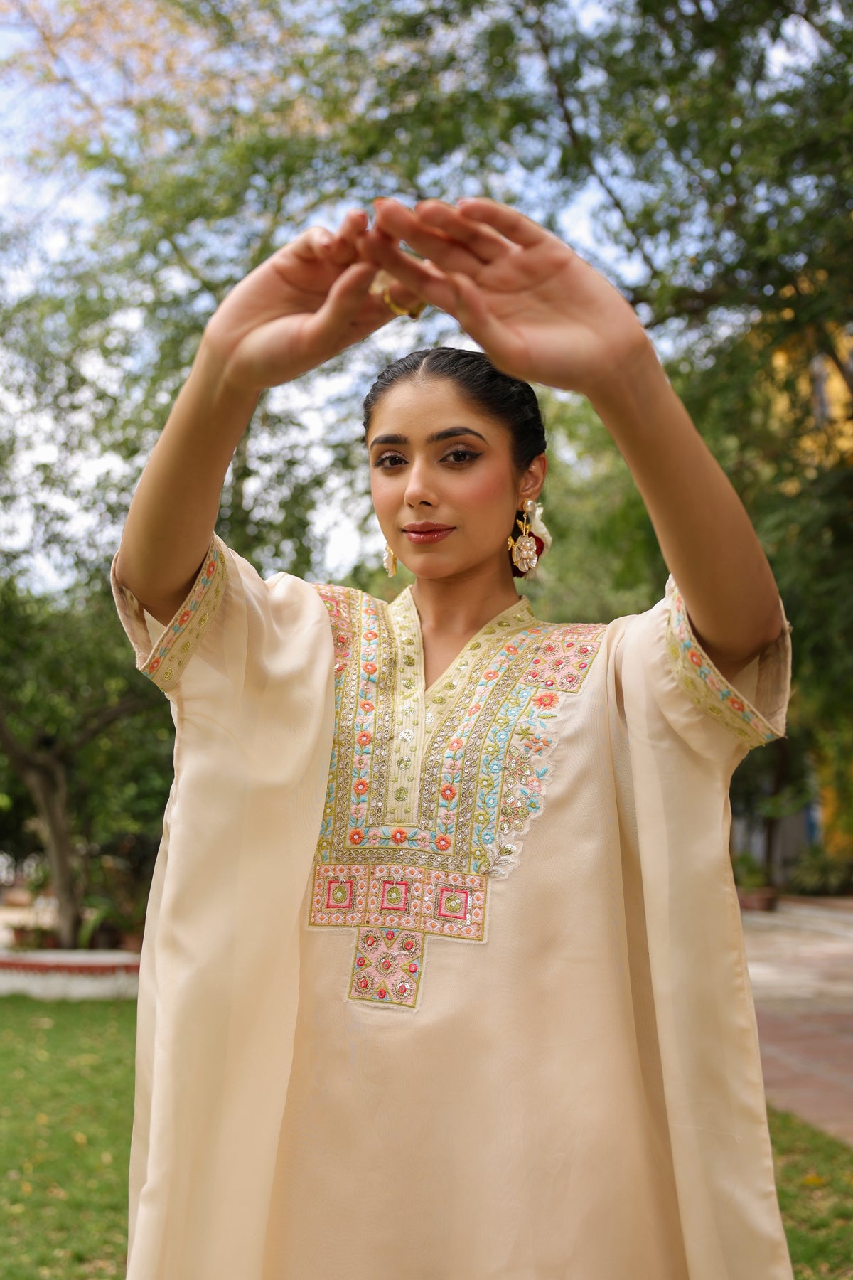 Beige Embroidered Kaftan & Palazzo
