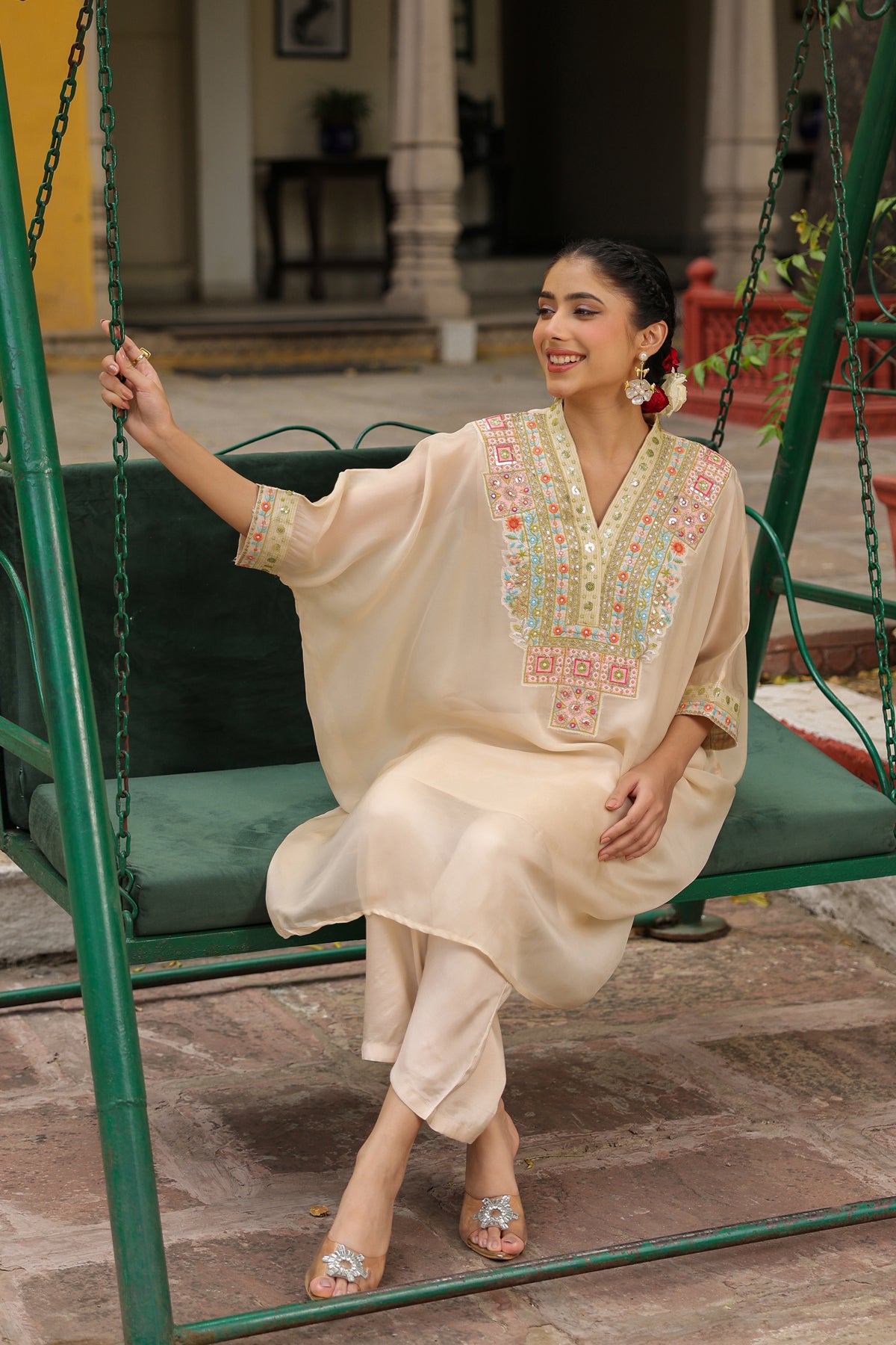 Beige Embroidered Kaftan & Palazzo