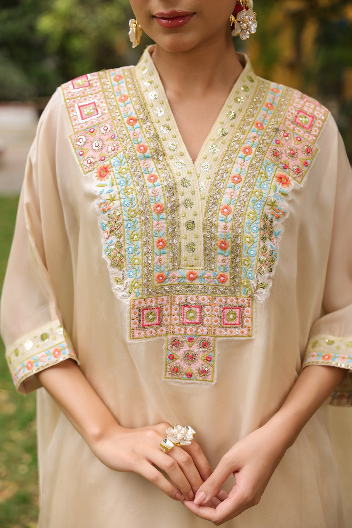 Beige Embroidered Kaftan & Palazzo