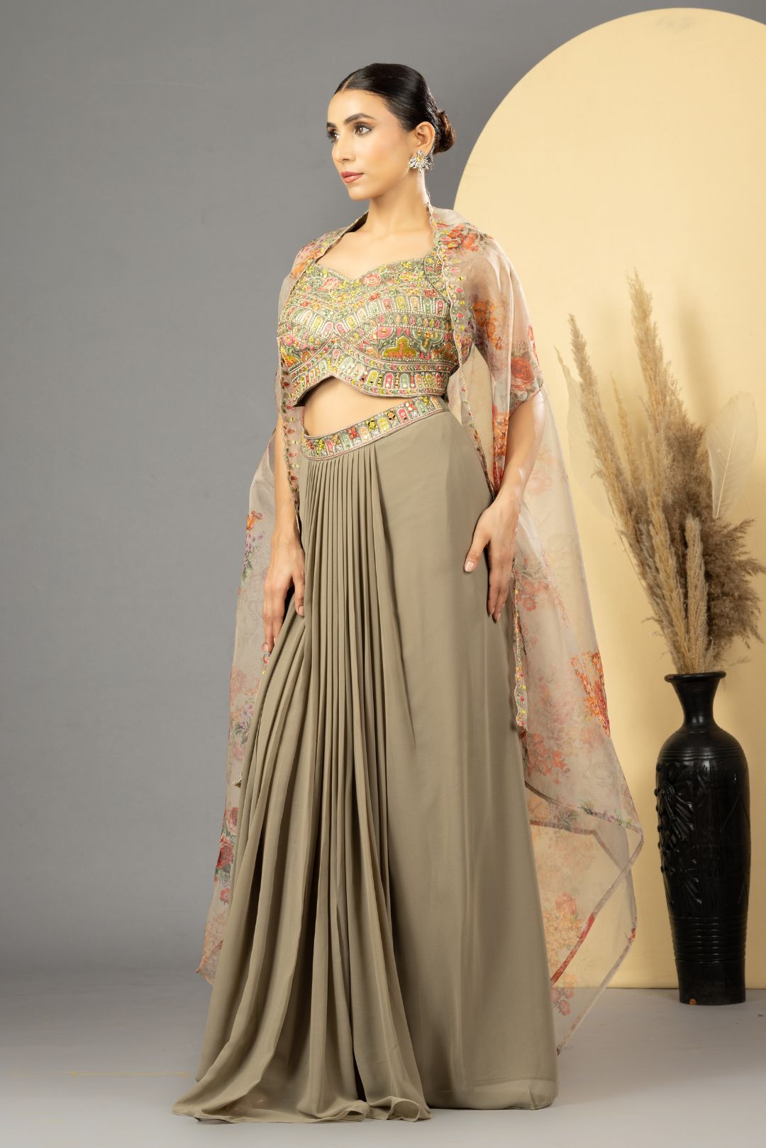 Earthy Grey Drape Skirt , Choli & Cape Set