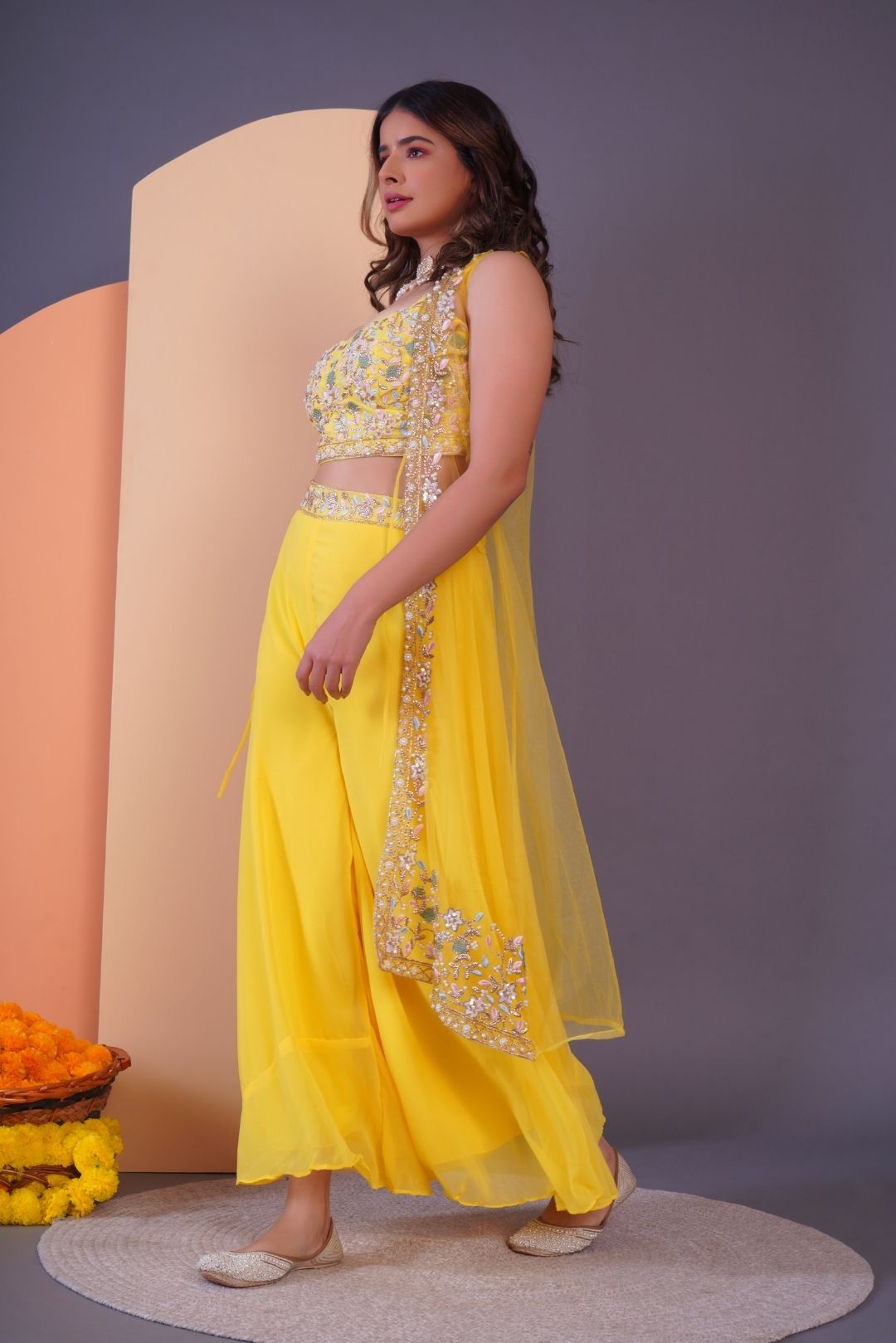 Yellow Embroidered Crop Top & Sharara Set