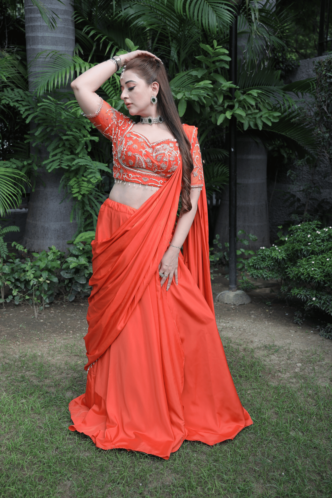 Orange Moti Work Pre-Drape Saree
