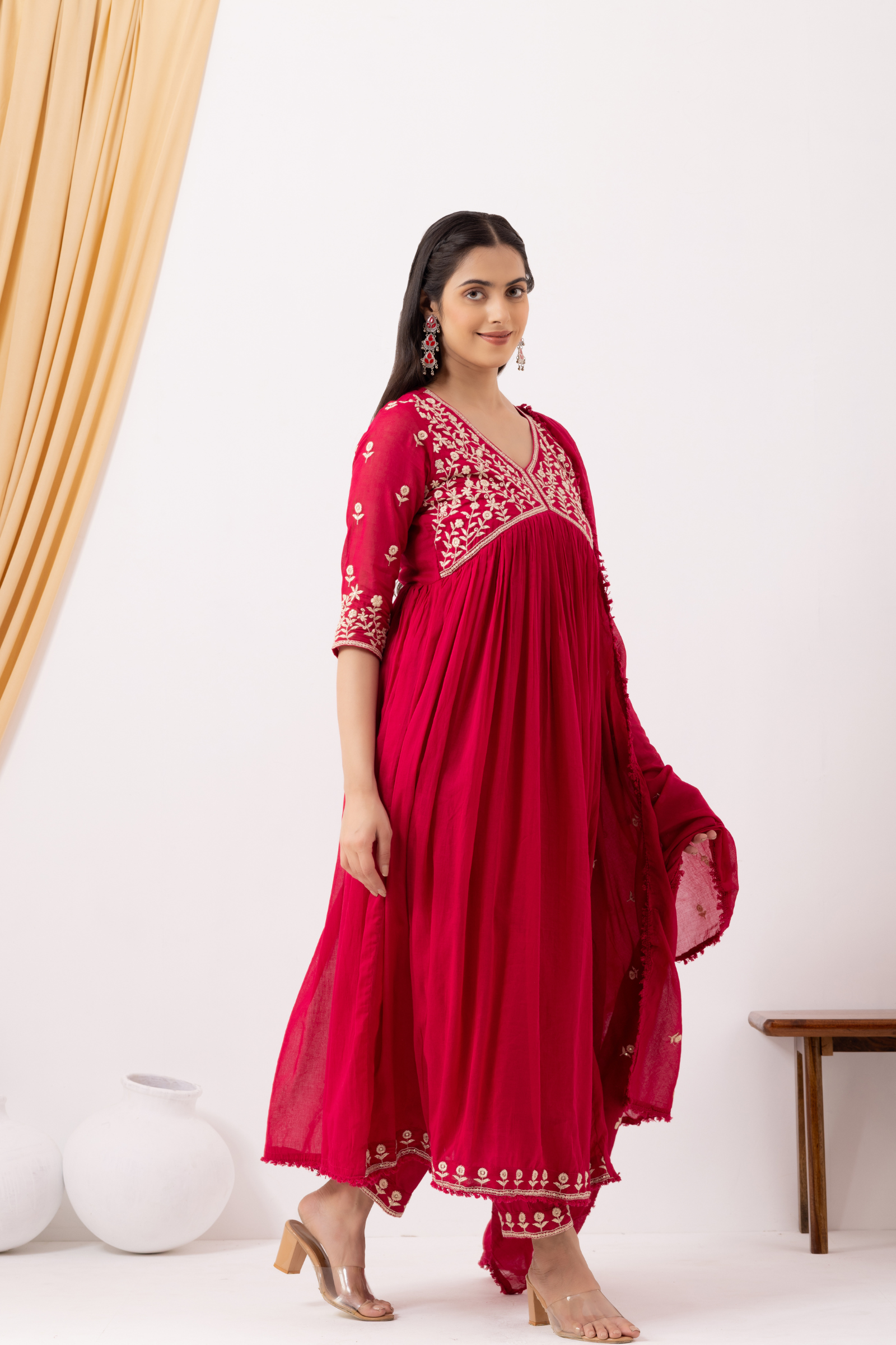 Mulmul Cotton Pink Anarkali Kurta with Pant & Dupatta