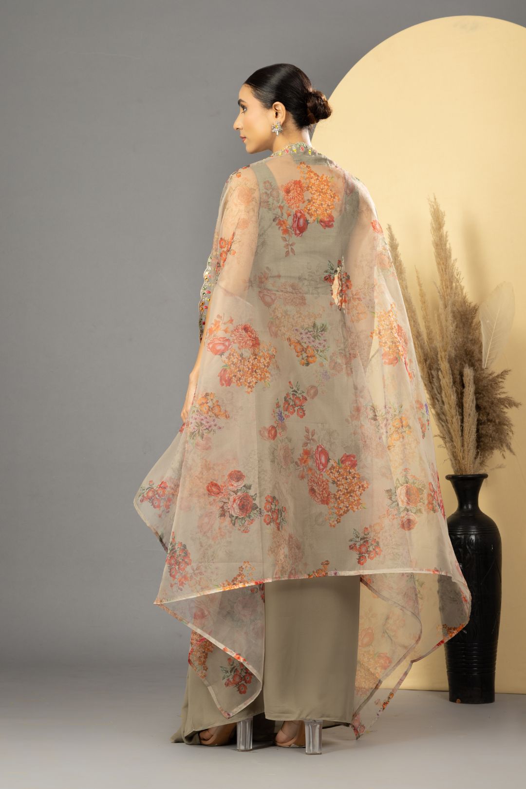 Earthy Grey Drape Skirt , Choli & Cape Set