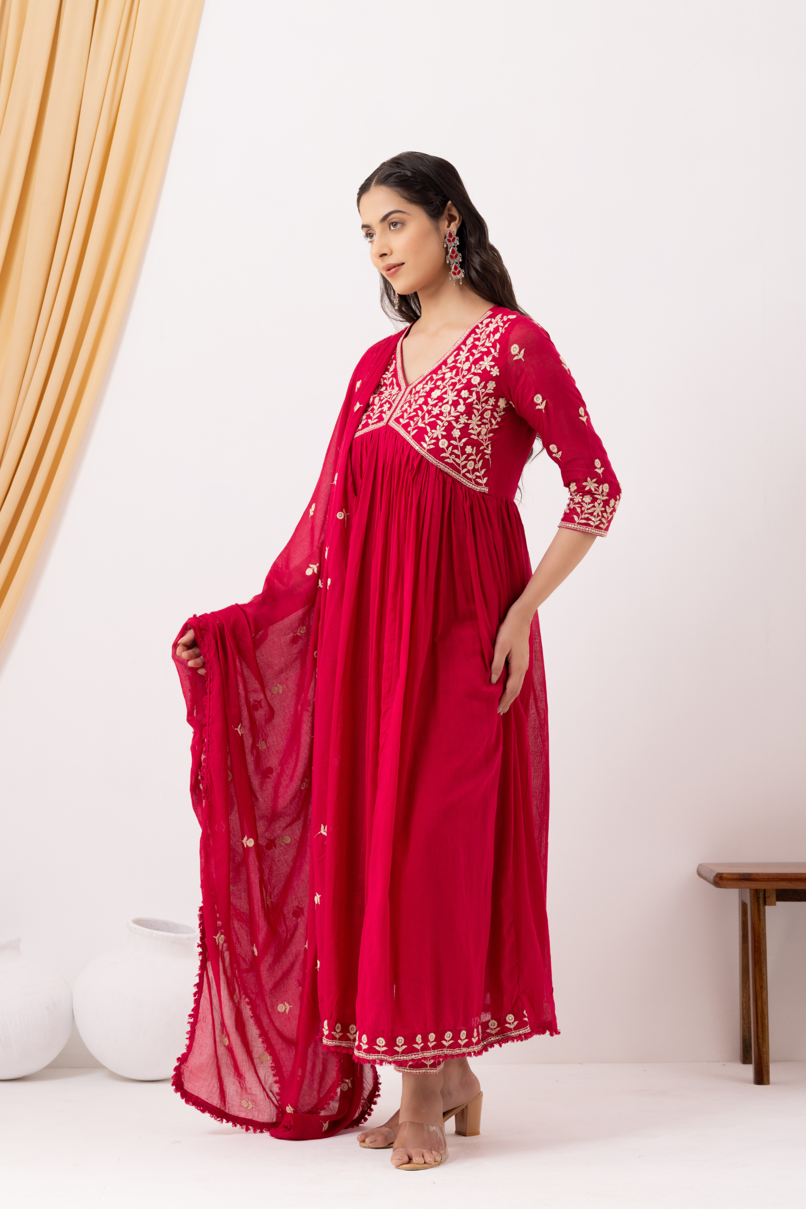 Mulmul Cotton Pink Anarkali Kurta with Pant & Dupatta