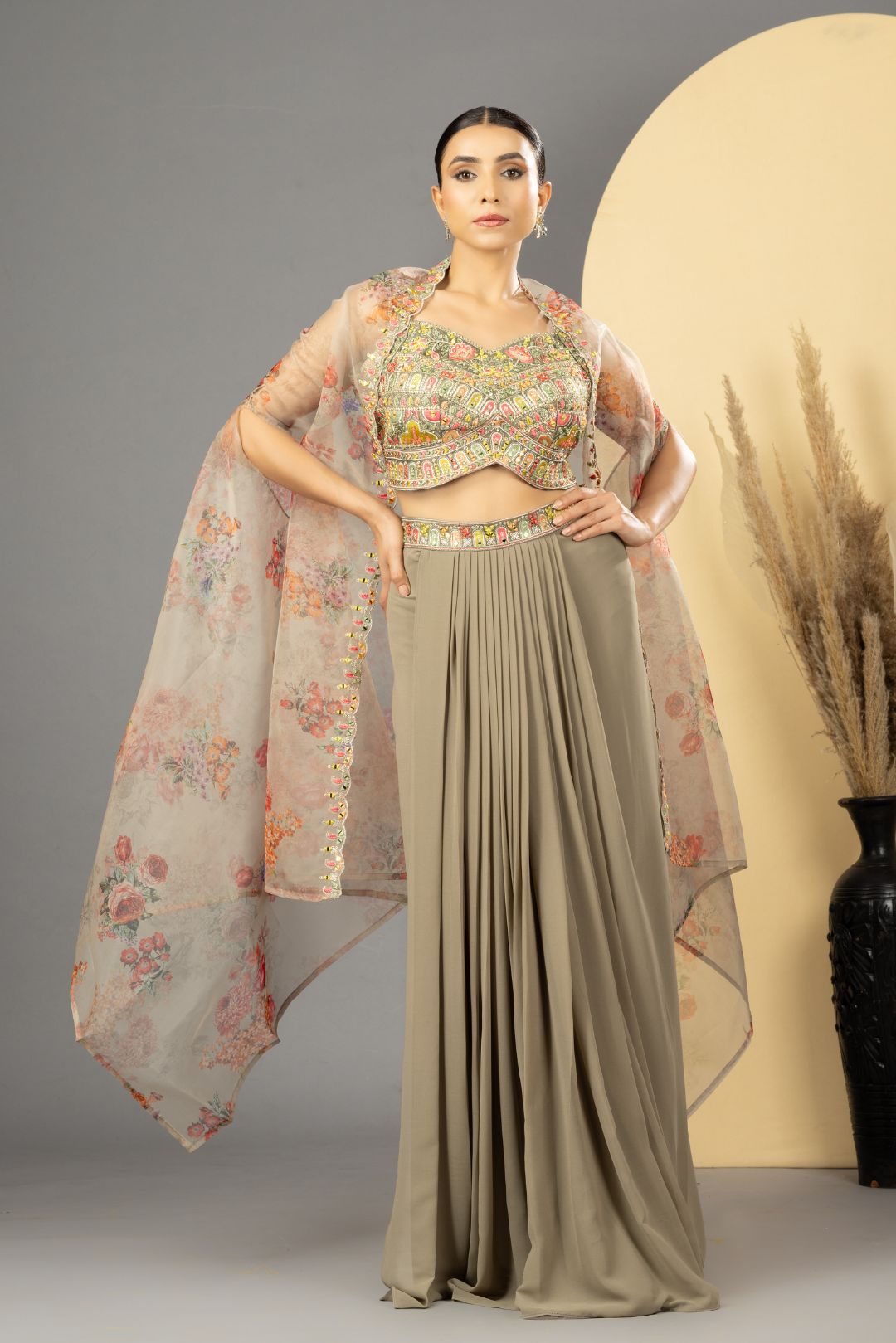 Earthy Grey Drape Skirt , Choli & Cape Set