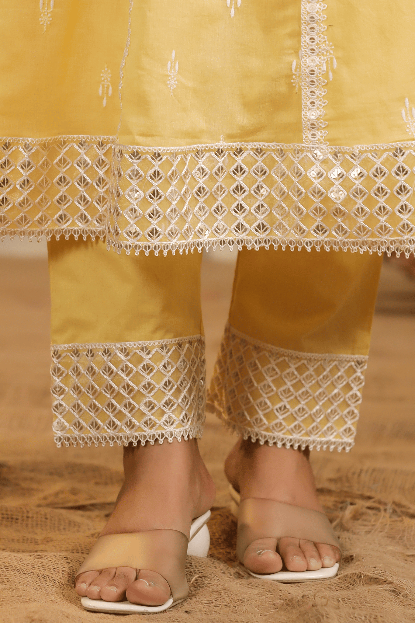 Yellow Mulmul Embroidered Anarkali Suit Set