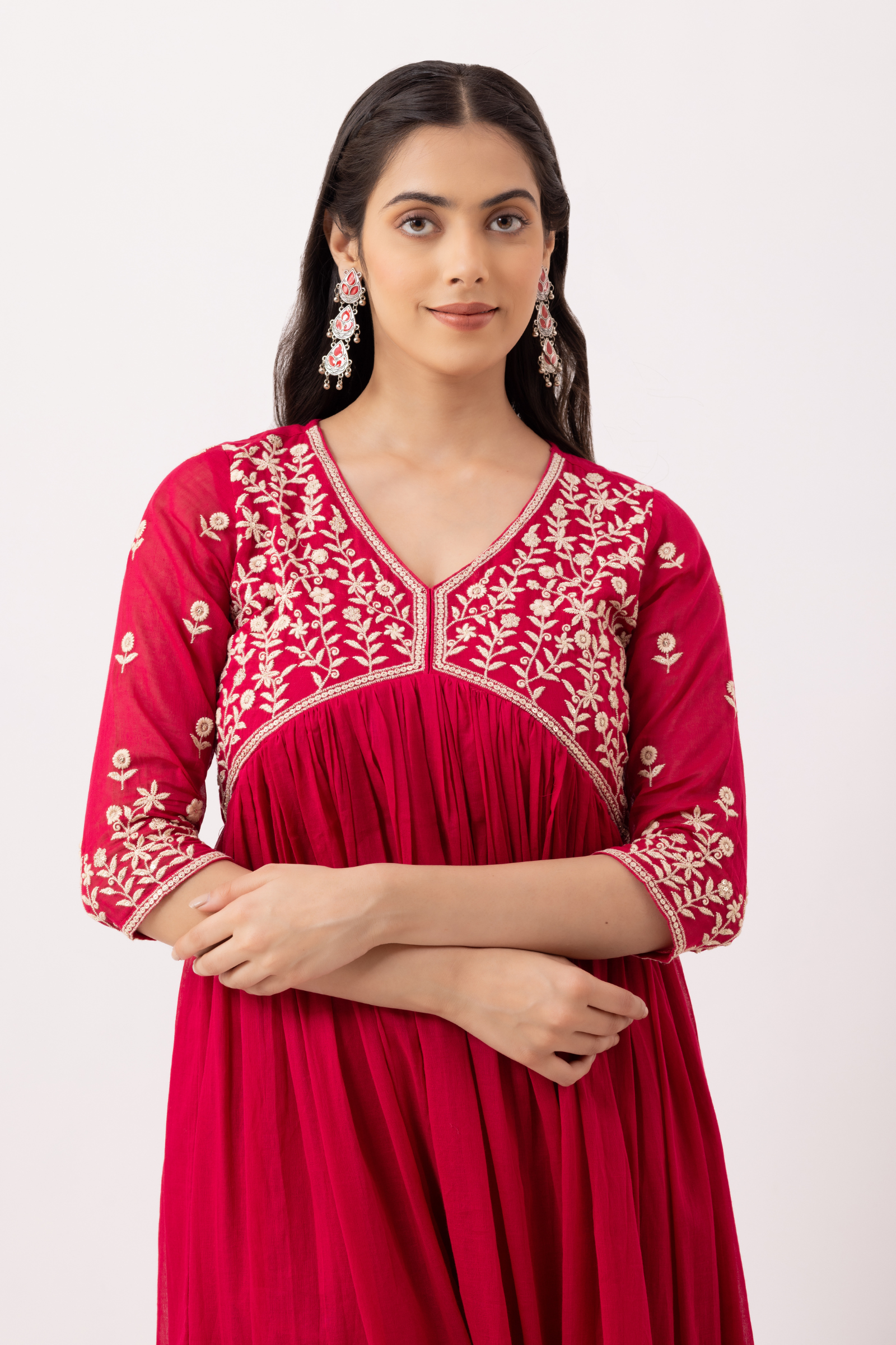 Mulmul Cotton Pink Anarkali Kurta with Pant & Dupatta