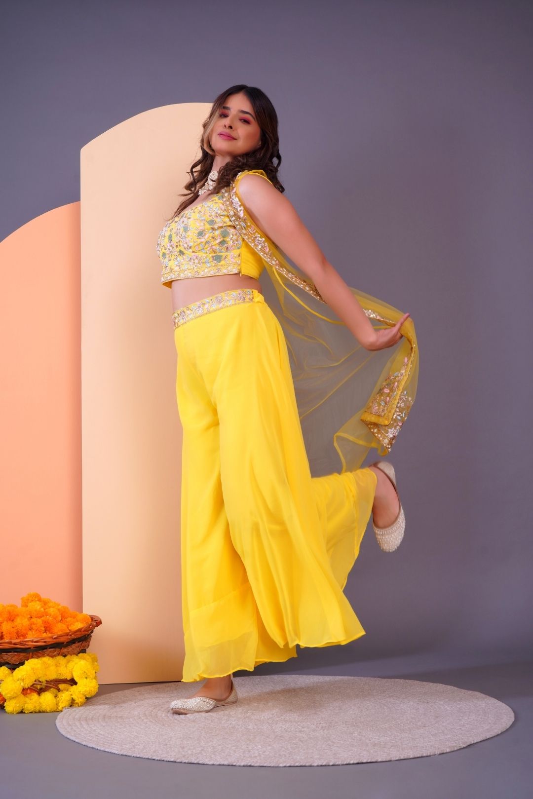 Yellow Embroidered Crop Top & Sharara Set