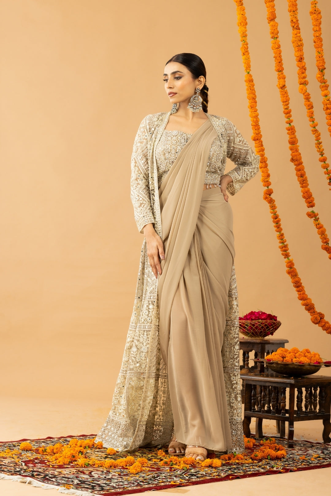 Beige Gold Draped Saree with Heavy Embroidered Shrug & Blouse