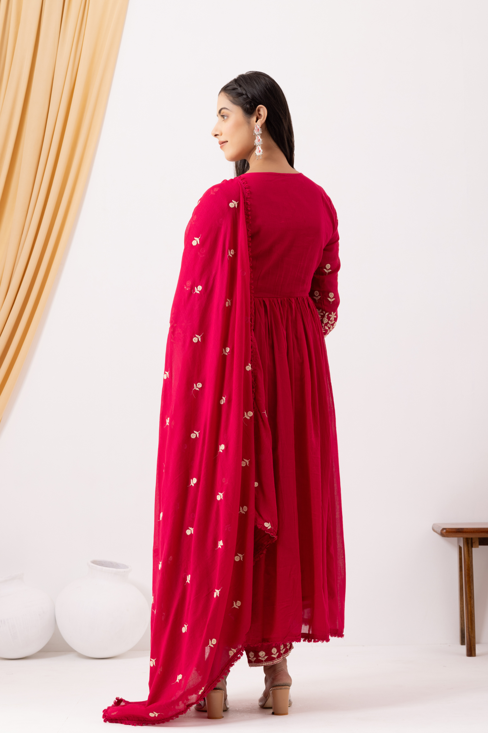 Mulmul Cotton Pink Anarkali Kurta with Pant & Dupatta