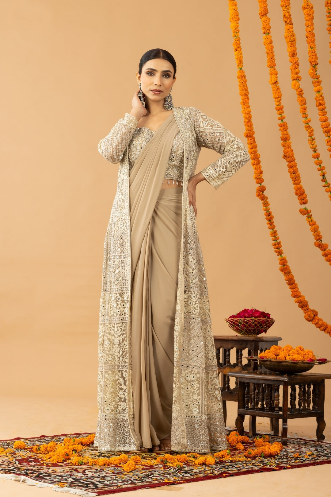 Beige Gold Draped Saree with Heavy Embroidered Shrug & Blouse