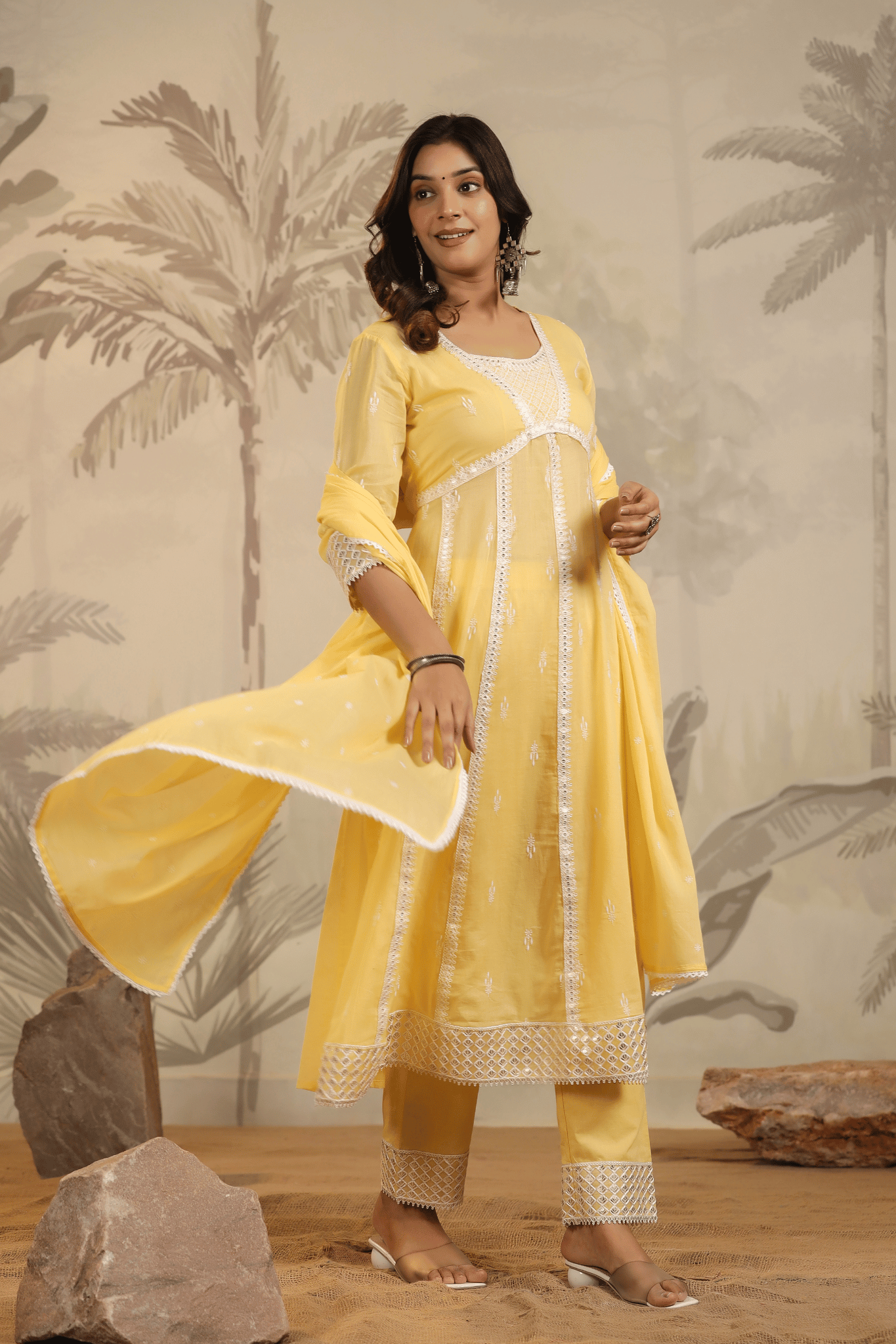 Yellow Mulmul Embroidered Anarkali Suit Set