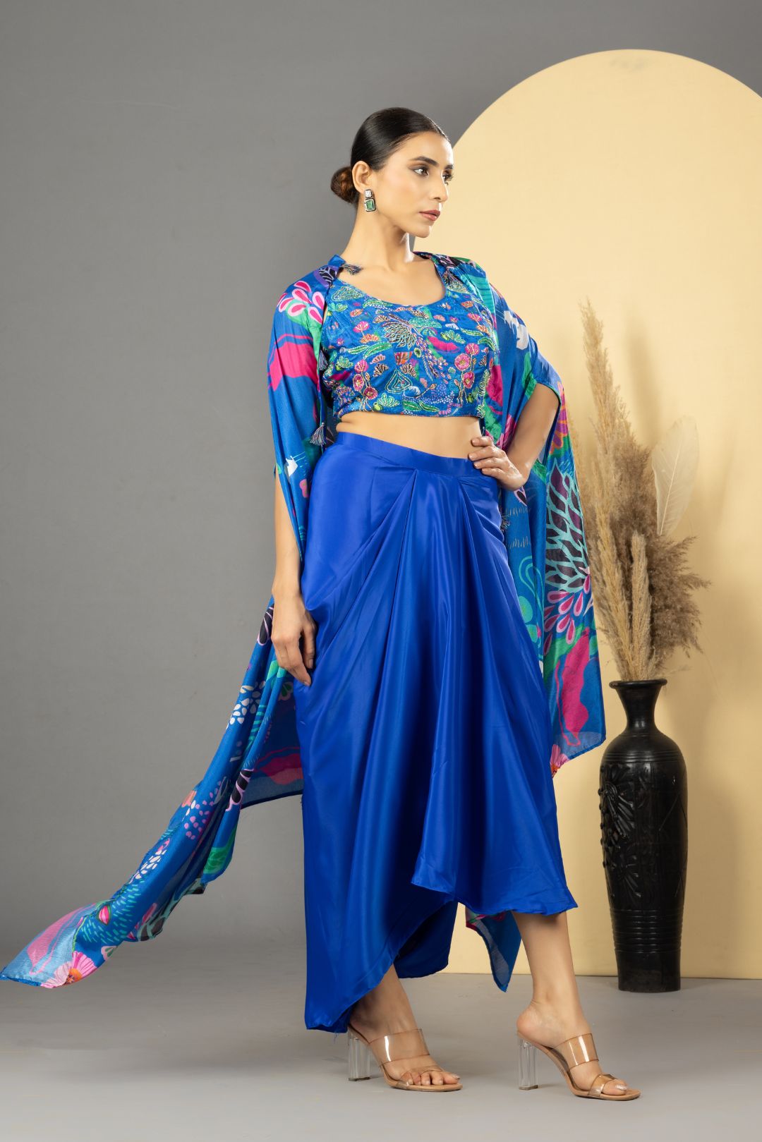 Blue Asymmetric Dhoti Skirt With Cape & Blouse