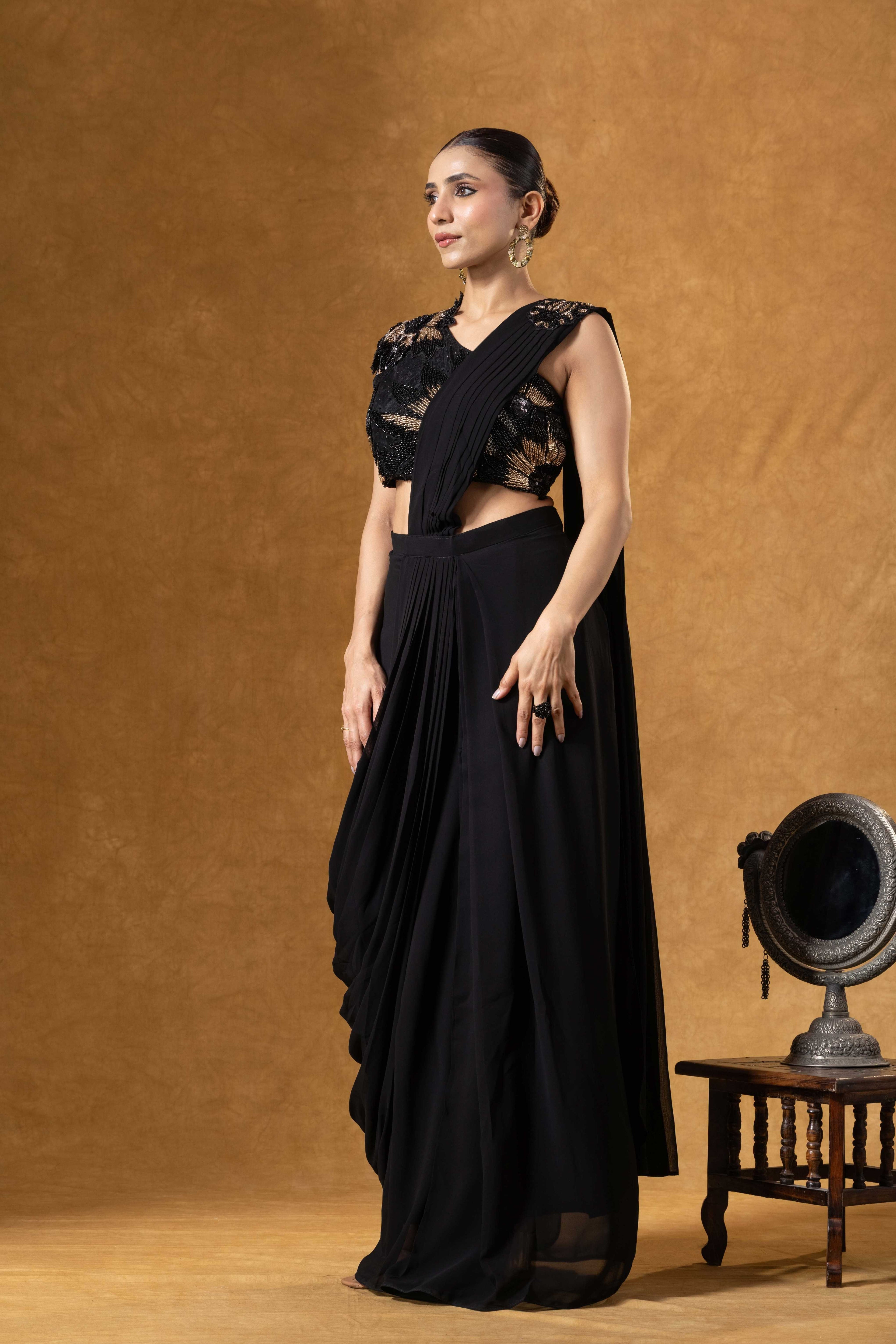 Noir Muse One-Shoulder Black Saree Ensemble
