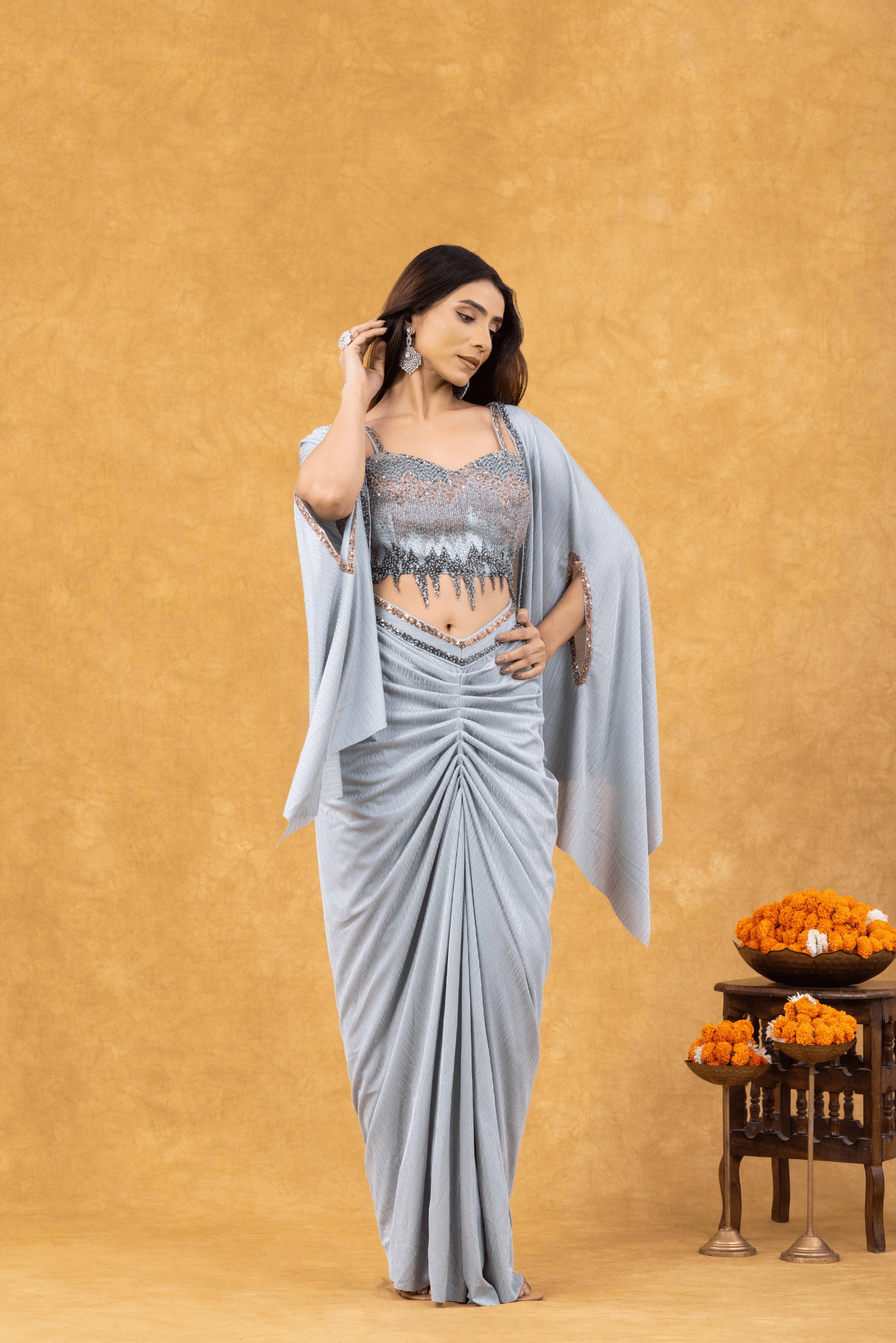 Ice Blue Mist Draped with Sequined Bustier & Cape