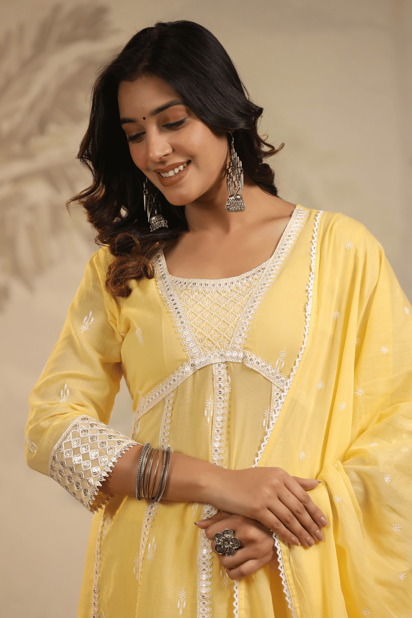 Yellow Mulmul Embroidered Anarkali Suit Set