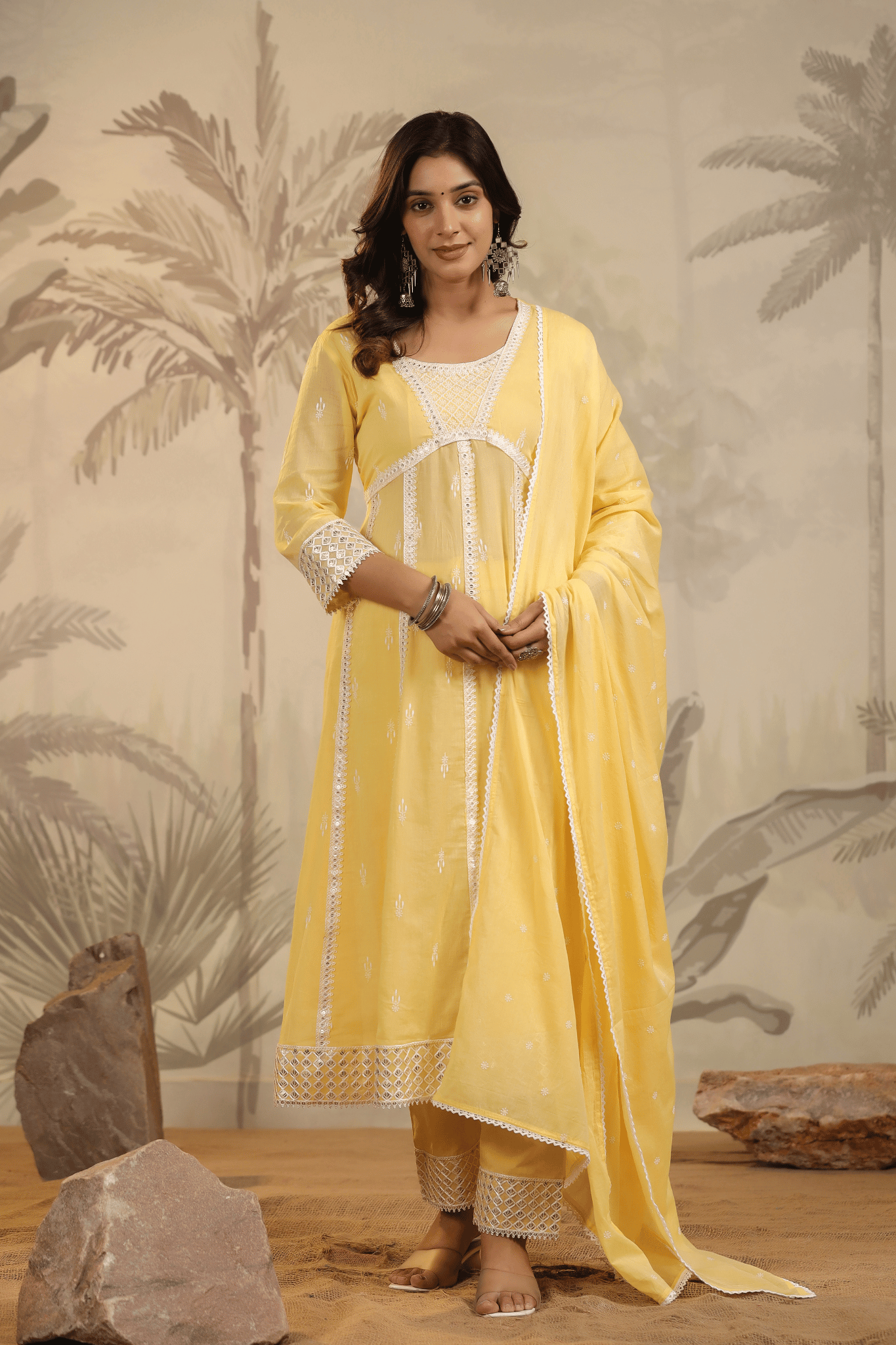 Yellow Mulmul Embroidered Anarkali Suit Set