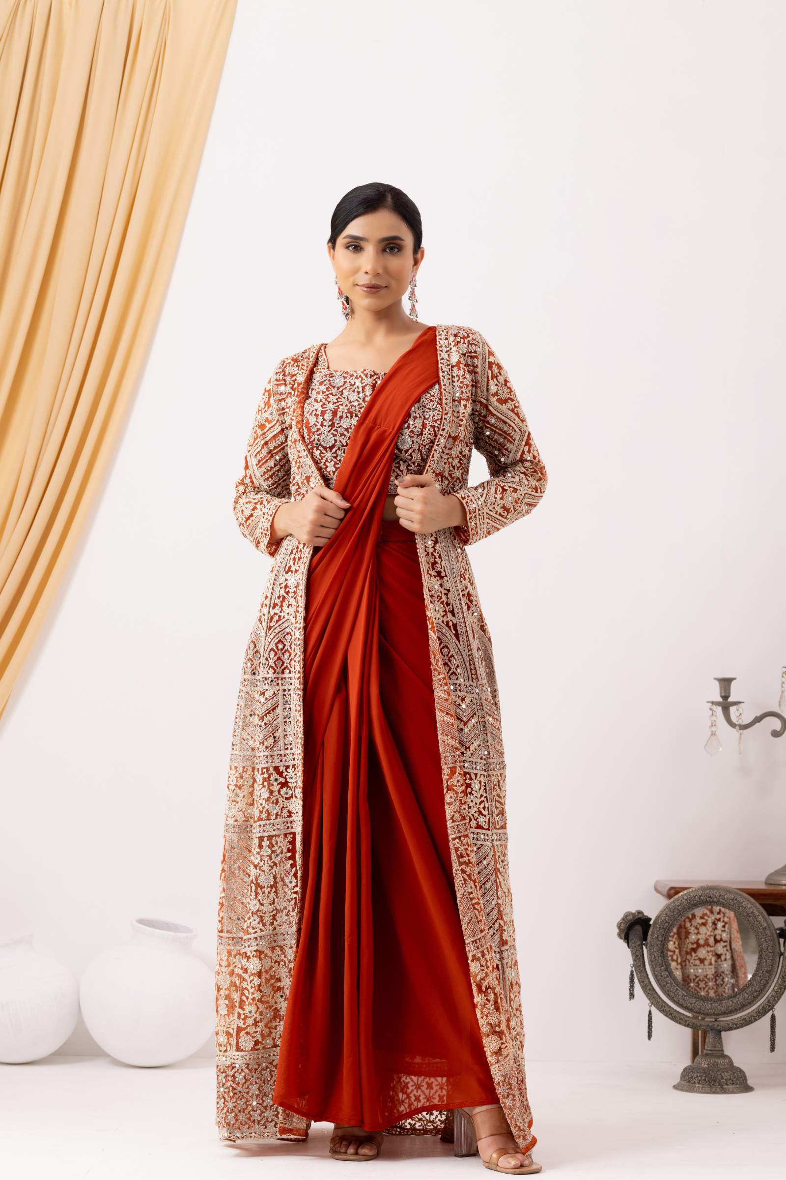 Rust Gold Draped Saree with Heavy Embroidered Shrug & Blouse