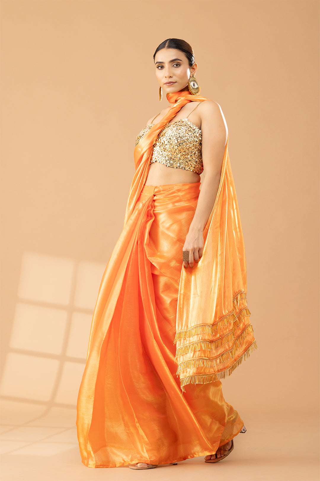 Tangerine Shimmer & Shine Chiffon Saree