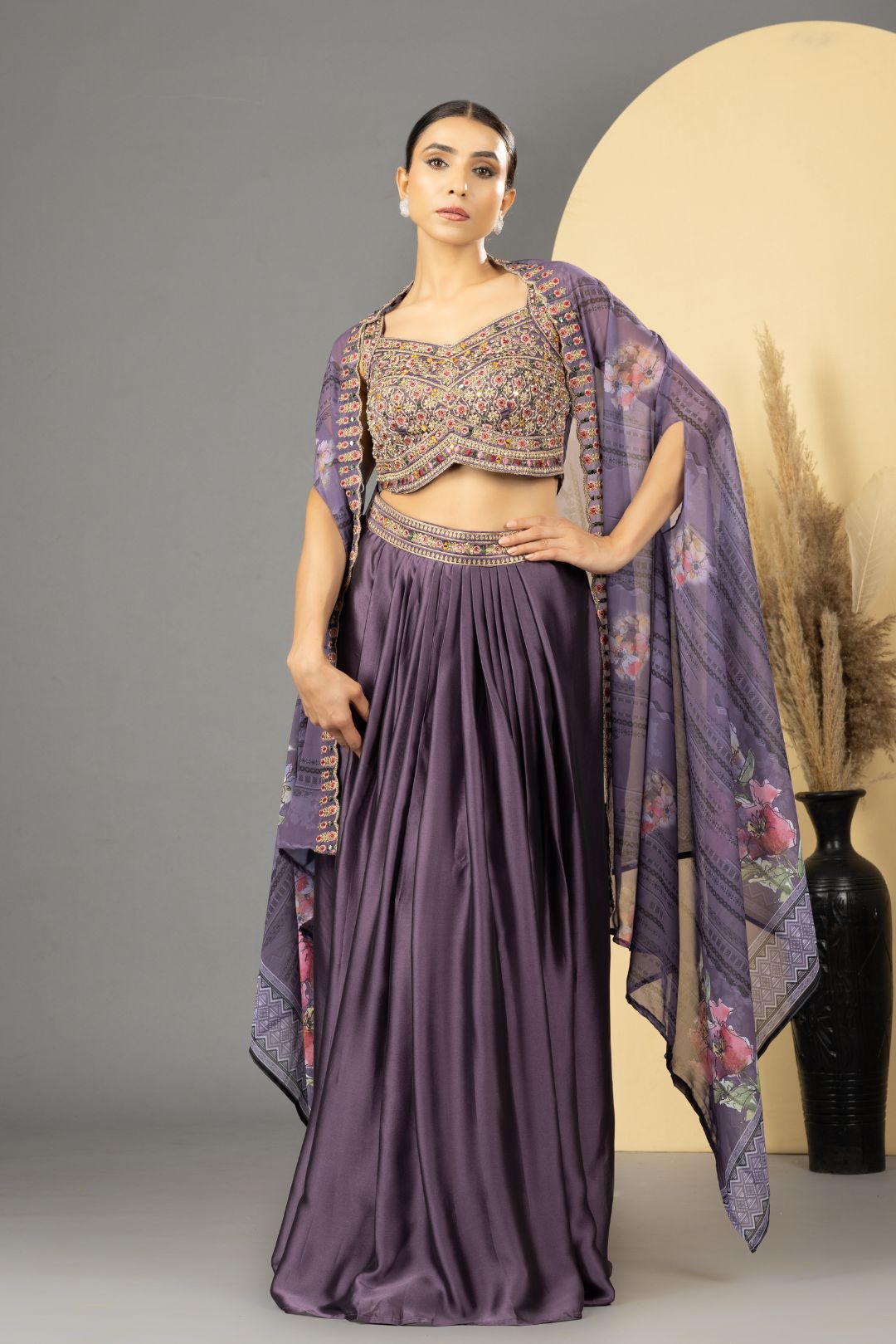 Purple Skirt Set With Cape